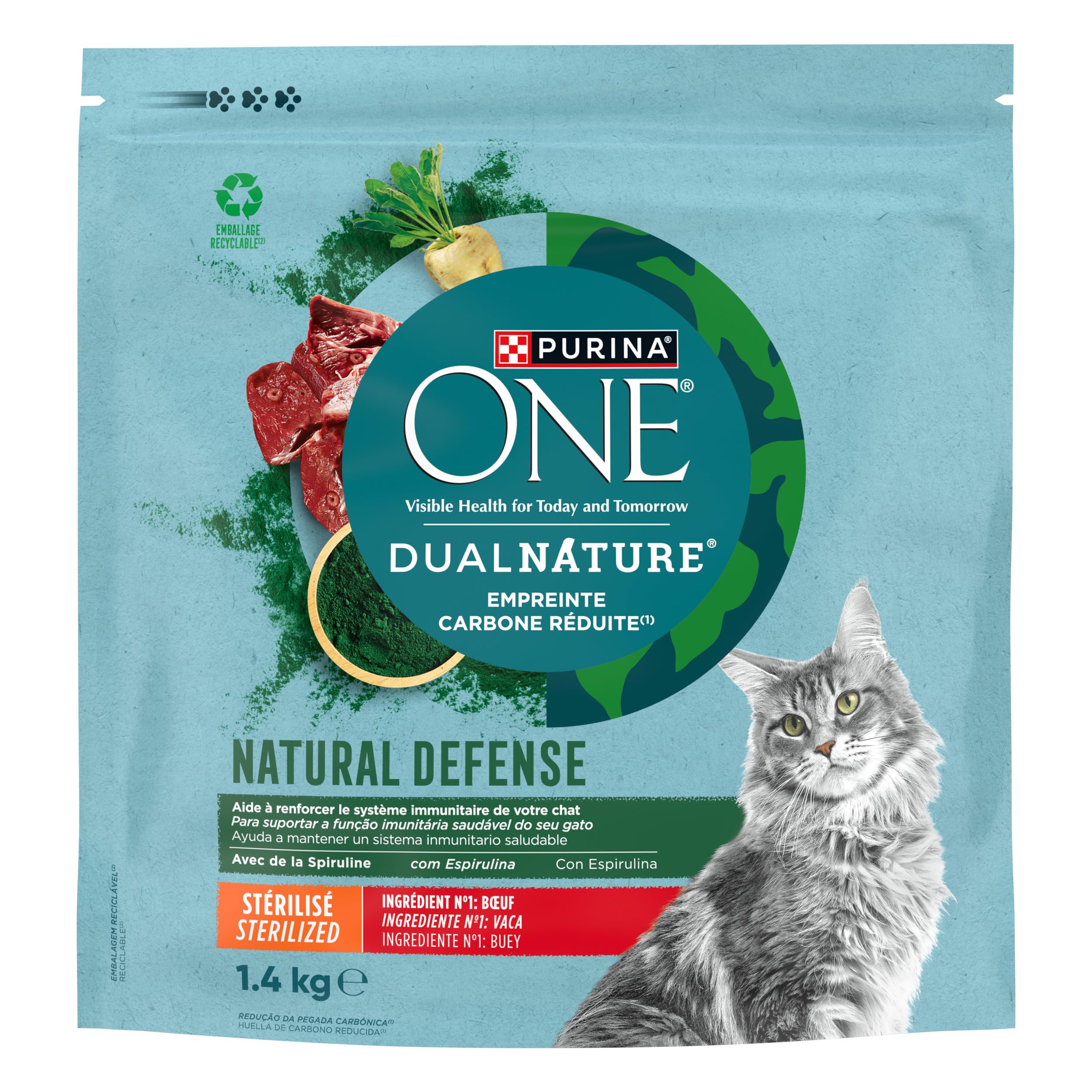 PURINA ONE DualNature Natural Defense Karma z wołowiną dla dorosłych kotów sterylizowanych | Torba 1,4 kg