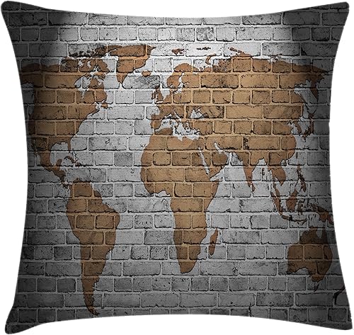 Ambesonne Wanderlust - Funda de cojín con diseño de mapa del mundo en la pared de ladrillo antiguo, países continentes envejecidos, vintage, áspero,