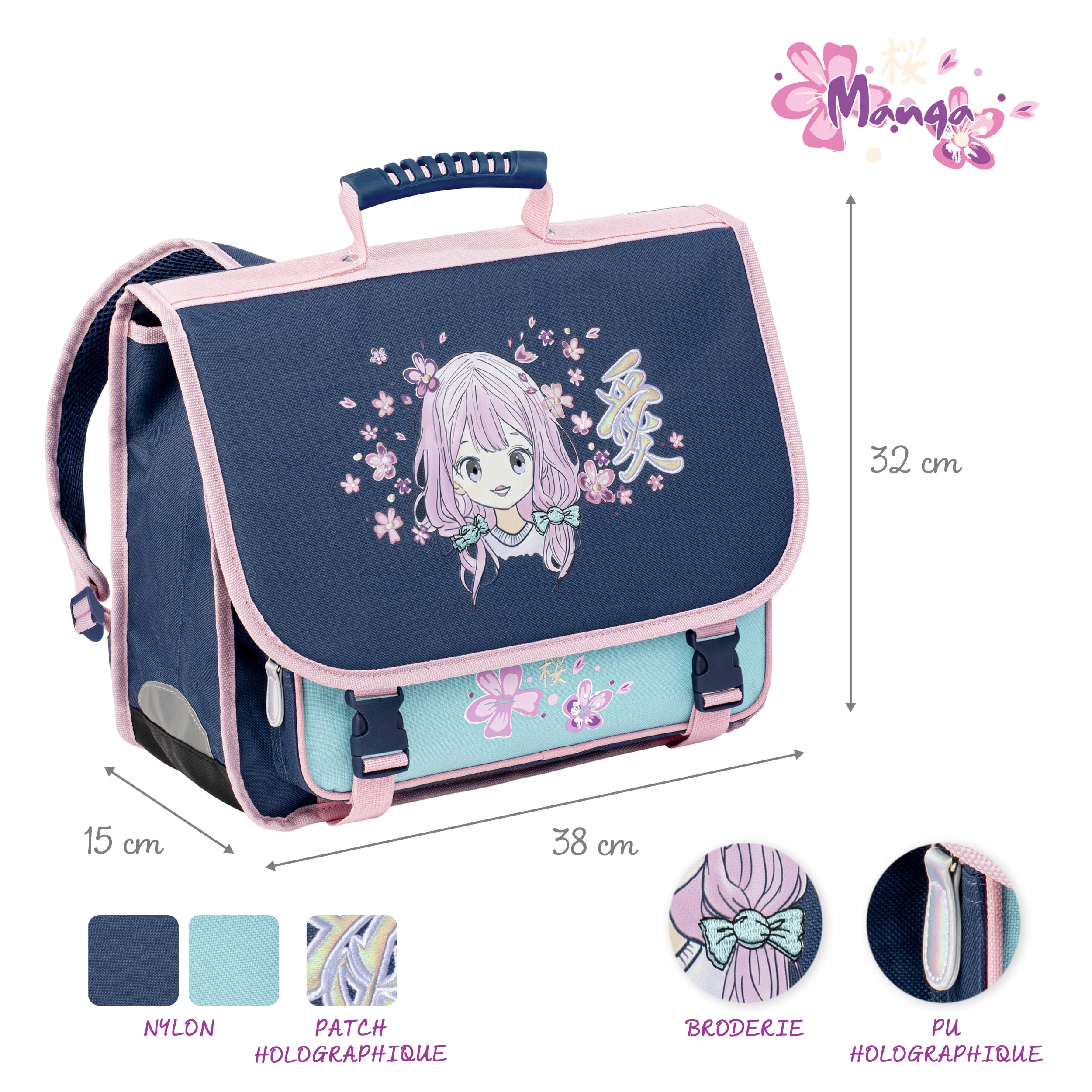 Viquel - Cartable primaire MANGA - Cartable fille 2 compartiments - Sac Scolaire Ergonomique avec Bandes réfléchissantes, Compartiments multiples - Bleu