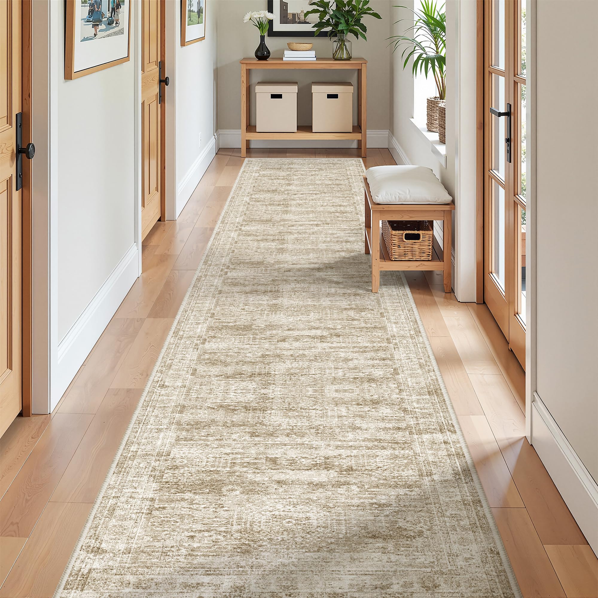 Restydon - Long Hallway Runner Rug 12 Feet, Non-Slip, Washable, for Bathroom, Entryway, Living Room, Soft Low-Pile Fluffy Carpet Rug (2 x 12 ft, Coffee/Ivory) — image 1