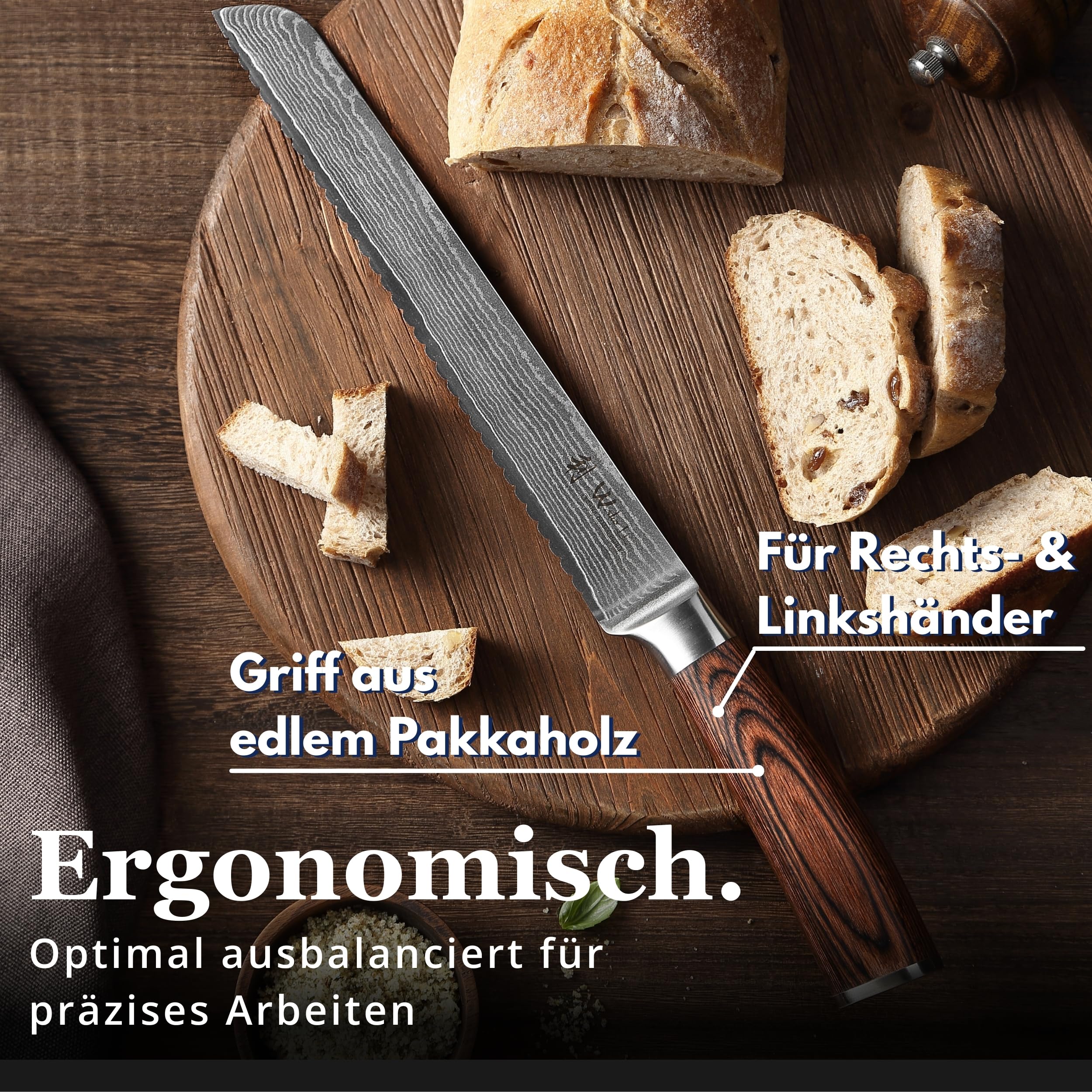 Wakoli EDIB Brotmesser Wellenschliff aus echtem Damaststahl (VG10 Kern) mit 20 cm Klinge – Scharf & ergonomisch – Damastmesser mit Pakkaholzgriff in Geschenkbox – Brotschneidemesser für krosse Krusten