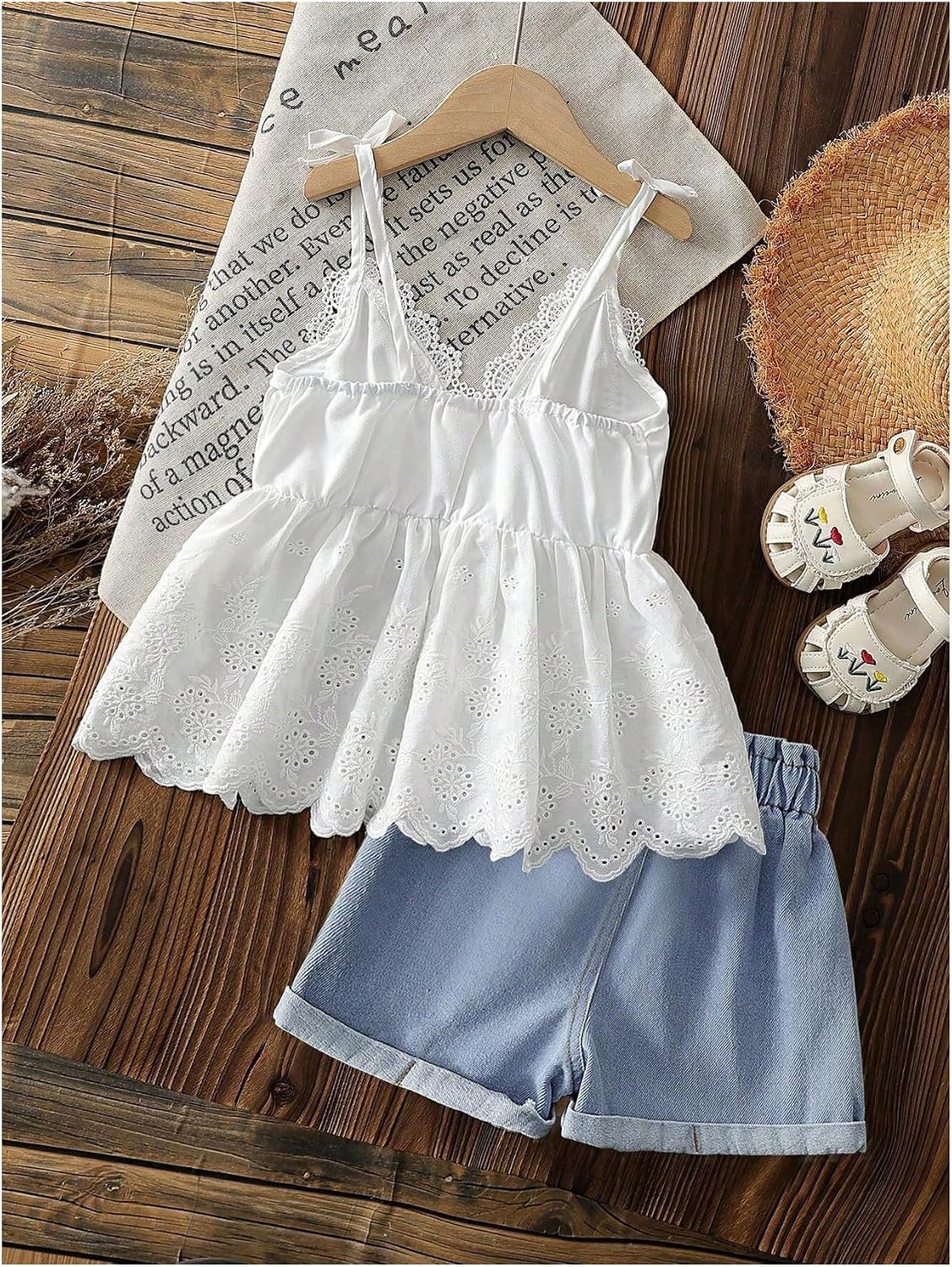 Verdusa Girl's 2 Piece Summer Outfits Eyelet Ruffle Babydoll Tops with Denim Shorts Comfy Sets