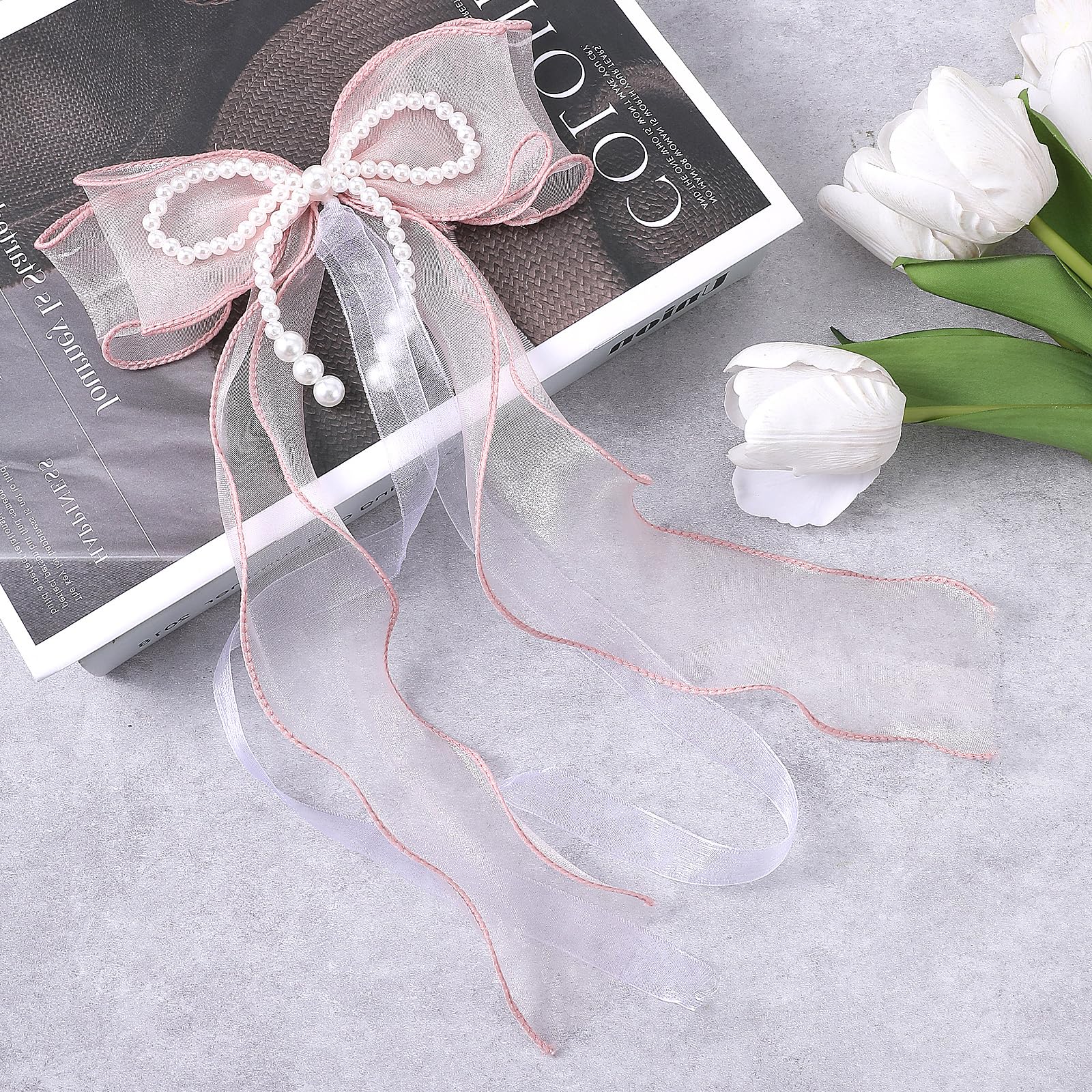 2 PCS Bow Curtain Tiebacks, Elegant Pink Bow Butterfly Curtain Tiebacks with Pearls Sweet Bowknot Holdbacks for Stylish Home Bedroom Offices Dining Rooms Wedding Party Decoration - 31.5 in(80 cm)