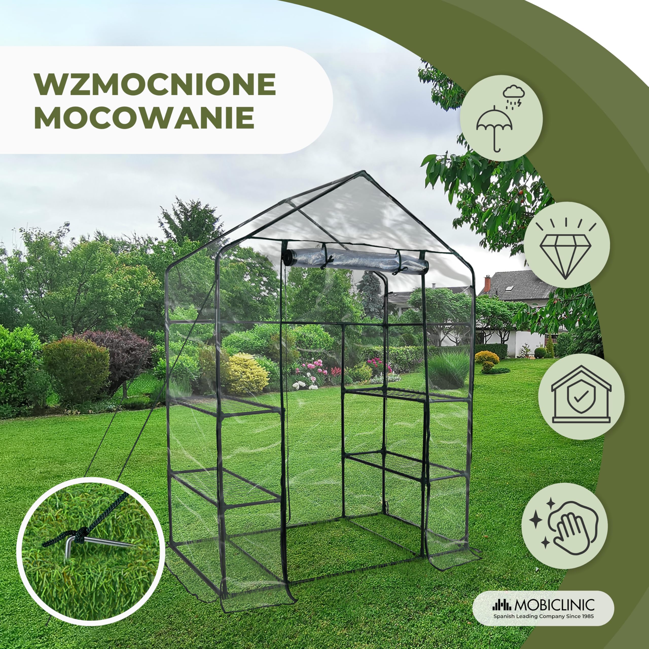 Mobiclinic®, Szklarnia Ogrodowa, 143 x 73 x 195 Cm, Pokrywa z PVC i Zwijane Drzwi, 4 Półki, Wodoodporna, Home Grow, Domowa Szkółka, Bezpiecznie Przymocowana, Idealna do Uprawy, Mrozoodporna