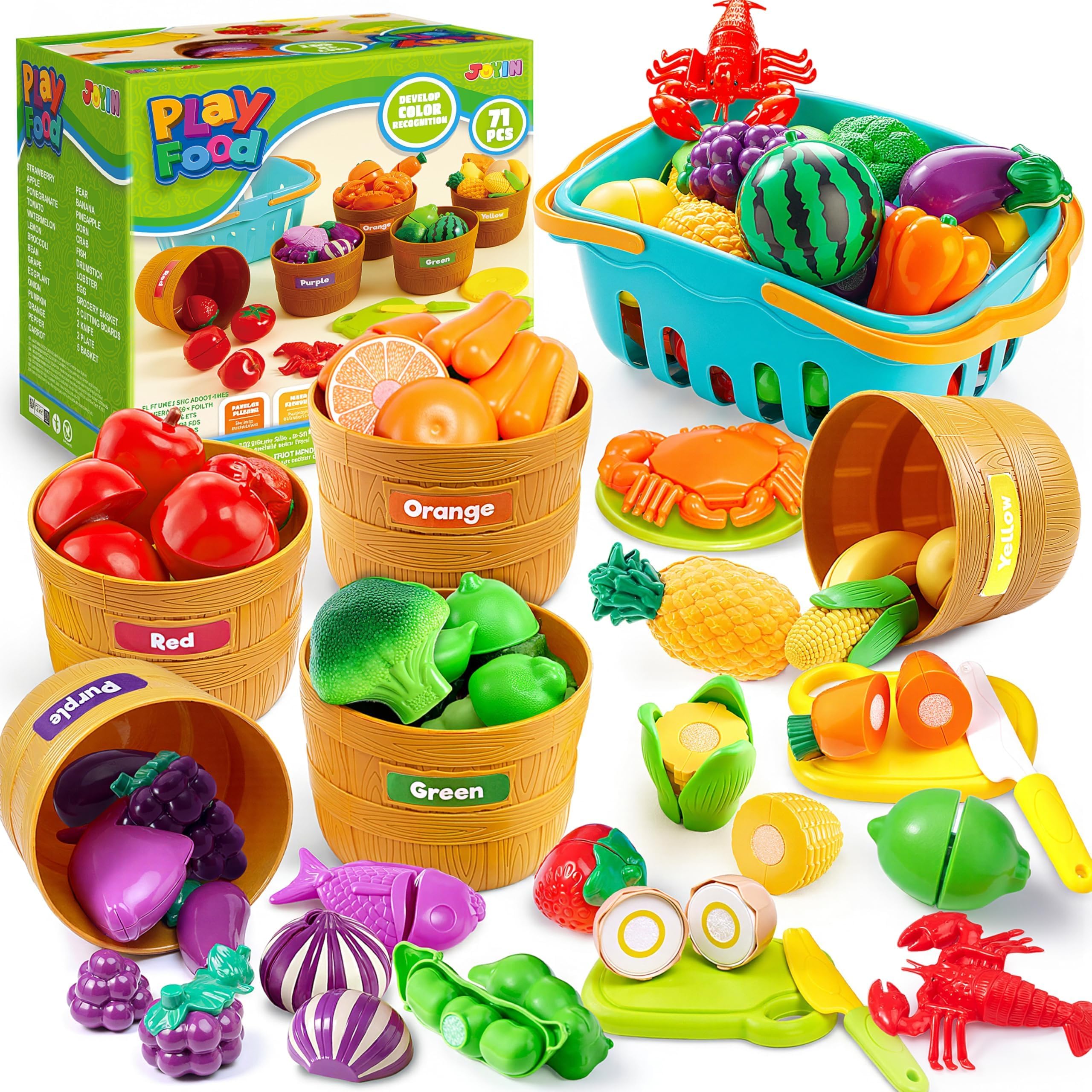 JOYIN Color Sorting Play Food Set - 71-Piece Cutting Food Toy, Kitchen Accessories for Kids, Learning Toys Food for Boys & Girls, Toddler Sorting /Fine Motor Skills Toy, Educational Toys