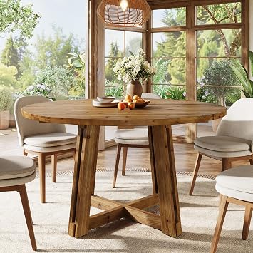 47.3" Solid Wood Dining Table for 4-6, Round Kitchen Table with Wood Legs, Farmhouse Kitchen & Dining Room Furniture, Brown