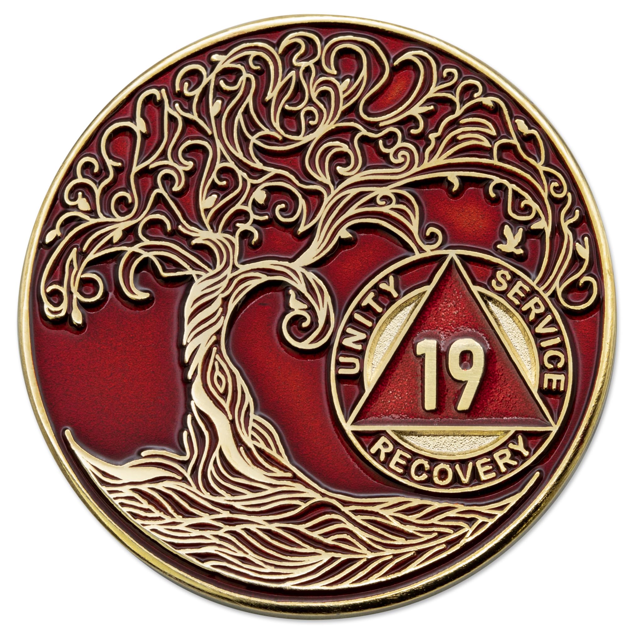 1 to 50 Year Twisted Tree of Life Sobriety Coin - Gold Plated AA Chips &amp; Medallions - 19 Year Sobriety Coin - Red