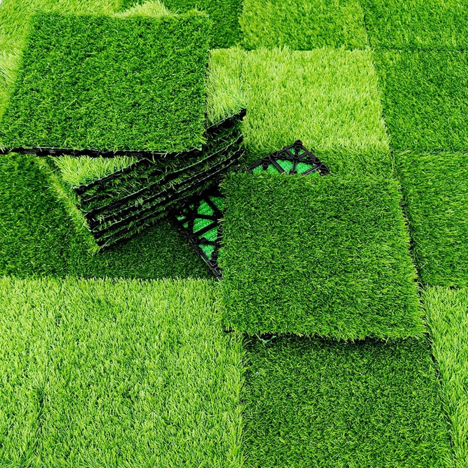 Dalles et lames de terrasse en composite, Tuiles de terrasse emboîtables en bois carrées multicolores, 11 pièces, for revêtement de sol extérieur(Artificial Green Grass)