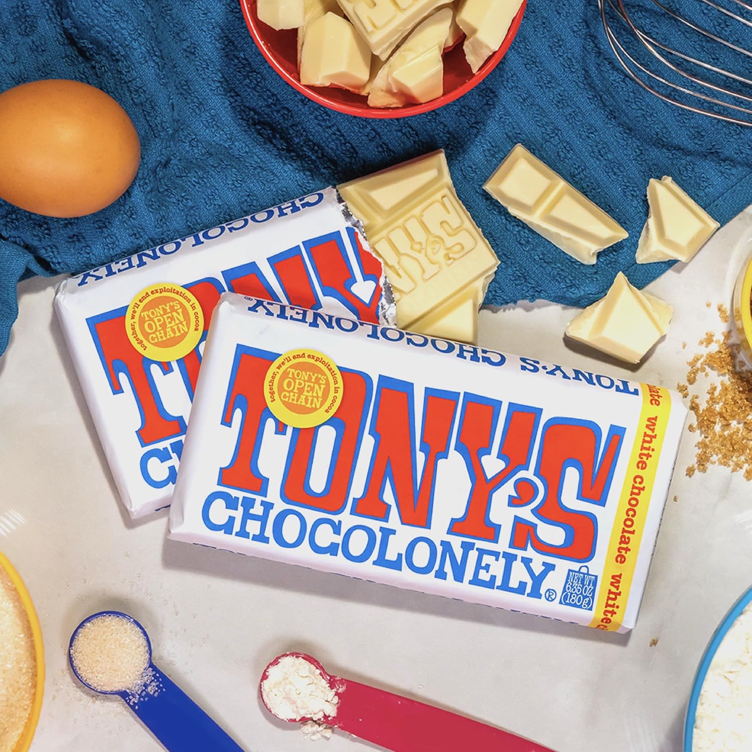 Tony’s Chocolonely Belgian White Chocolate Candy Bar, Pure Chocolate Bars for Snacks, Party Favors, Gifts, Baking, or Gift Basket, Made From Quality Fairtrade Cocoa, 4 Bars, 6.35 Oz Each