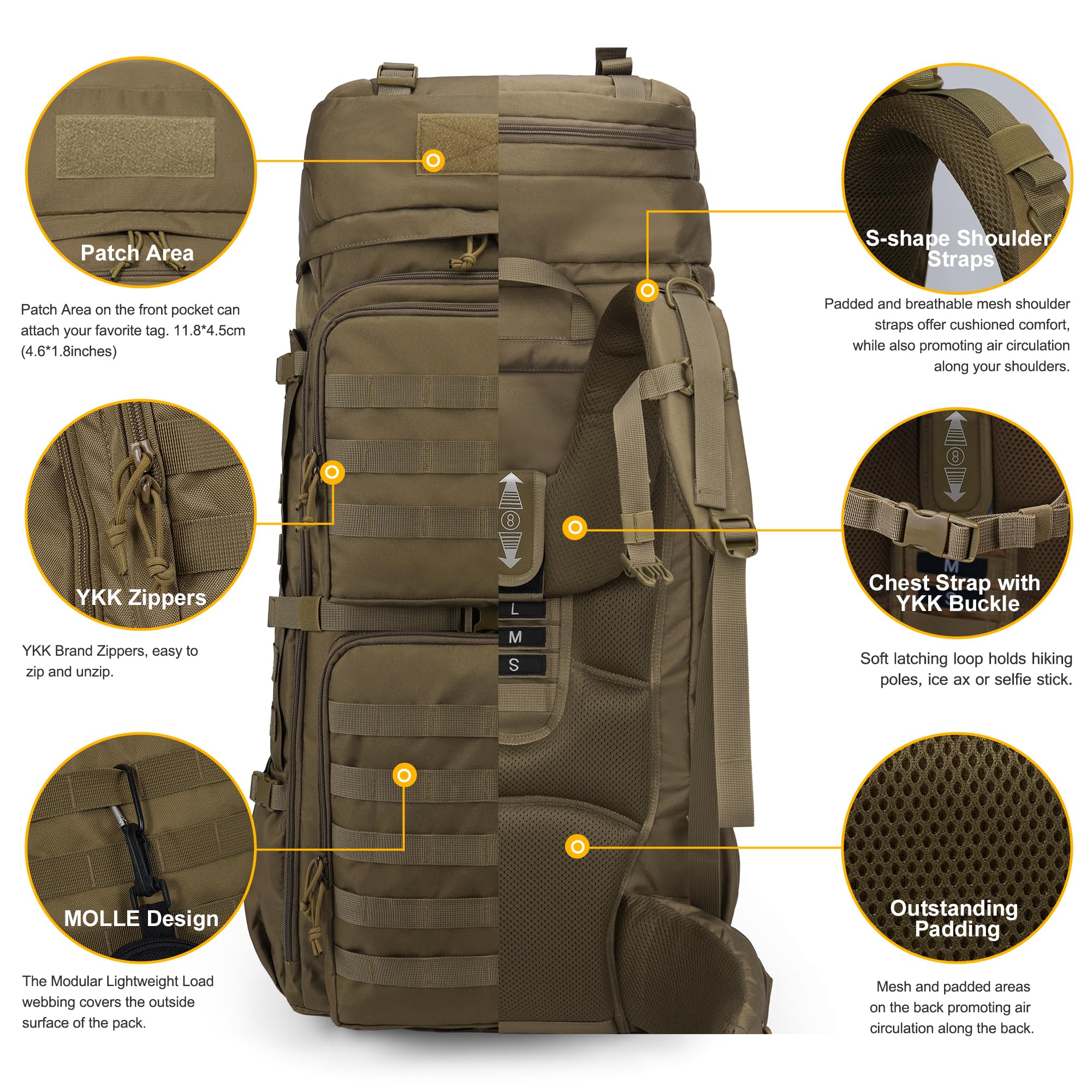 Mardingtop 75L Mochila Táctica Mochila Trekking Montaña con Cubierta de Lluvia, MOLLE Sistema de Senderismo Mochila de Gran Capacidad Mochila al aire libre para Trekking, Senderismo y Camping