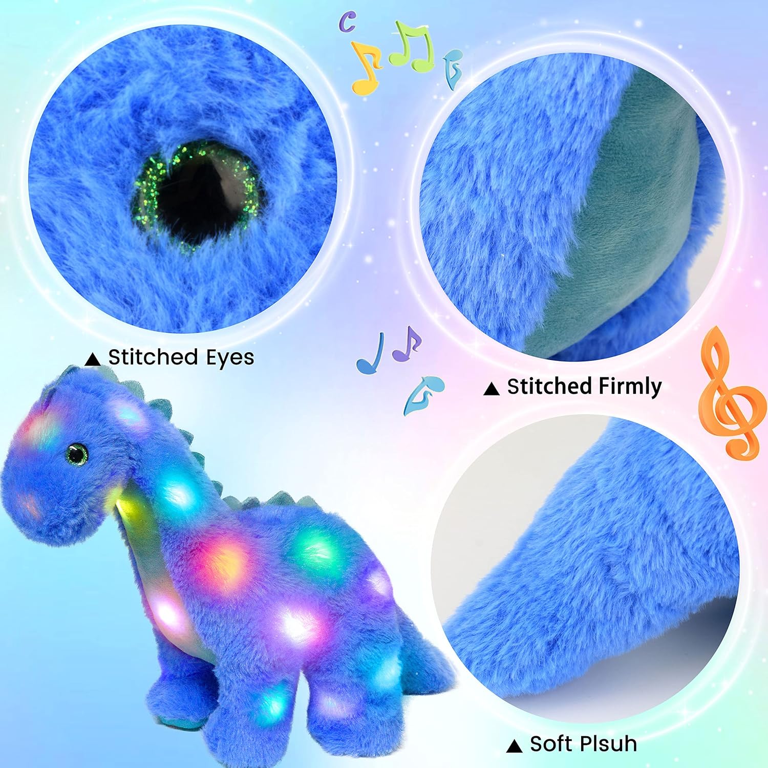 Hopearl LED Musical Stuffed Dinosaur Lighting Up Singing Diplodocus Soft Plush Toy with Long Neck Adjustable Volume Lullaby Animated Soothe Gifts for Kids Toddlers, Blue, 16''