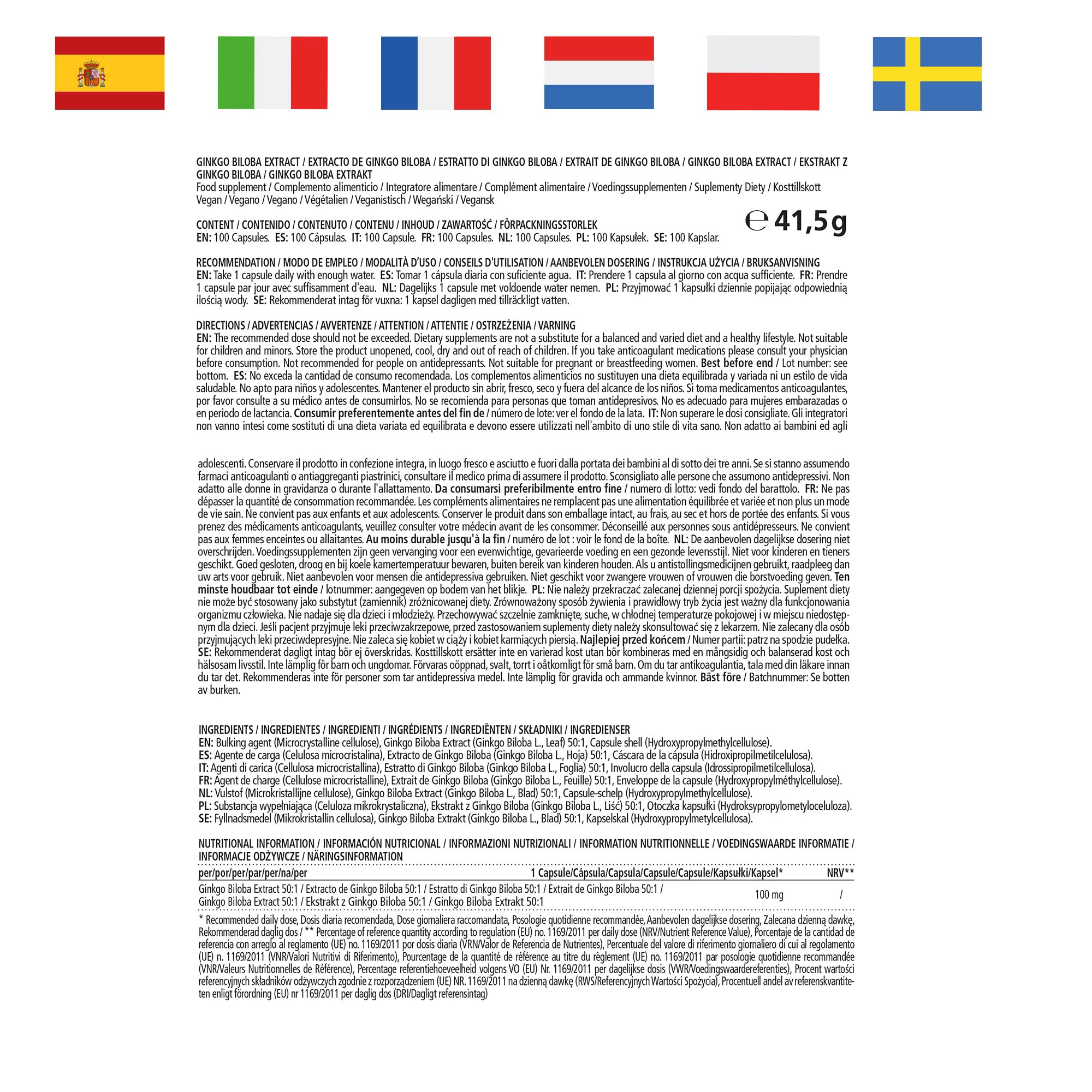 Ginkgo Biloba 50:1 Estratto 100 mg = 5000 mg Polvere di Foglie di Ginkgo Puro per Capsula Vegana, 100 Capsule per 100 Giorni, Integratore Alimentare senza Additivi non Necessari