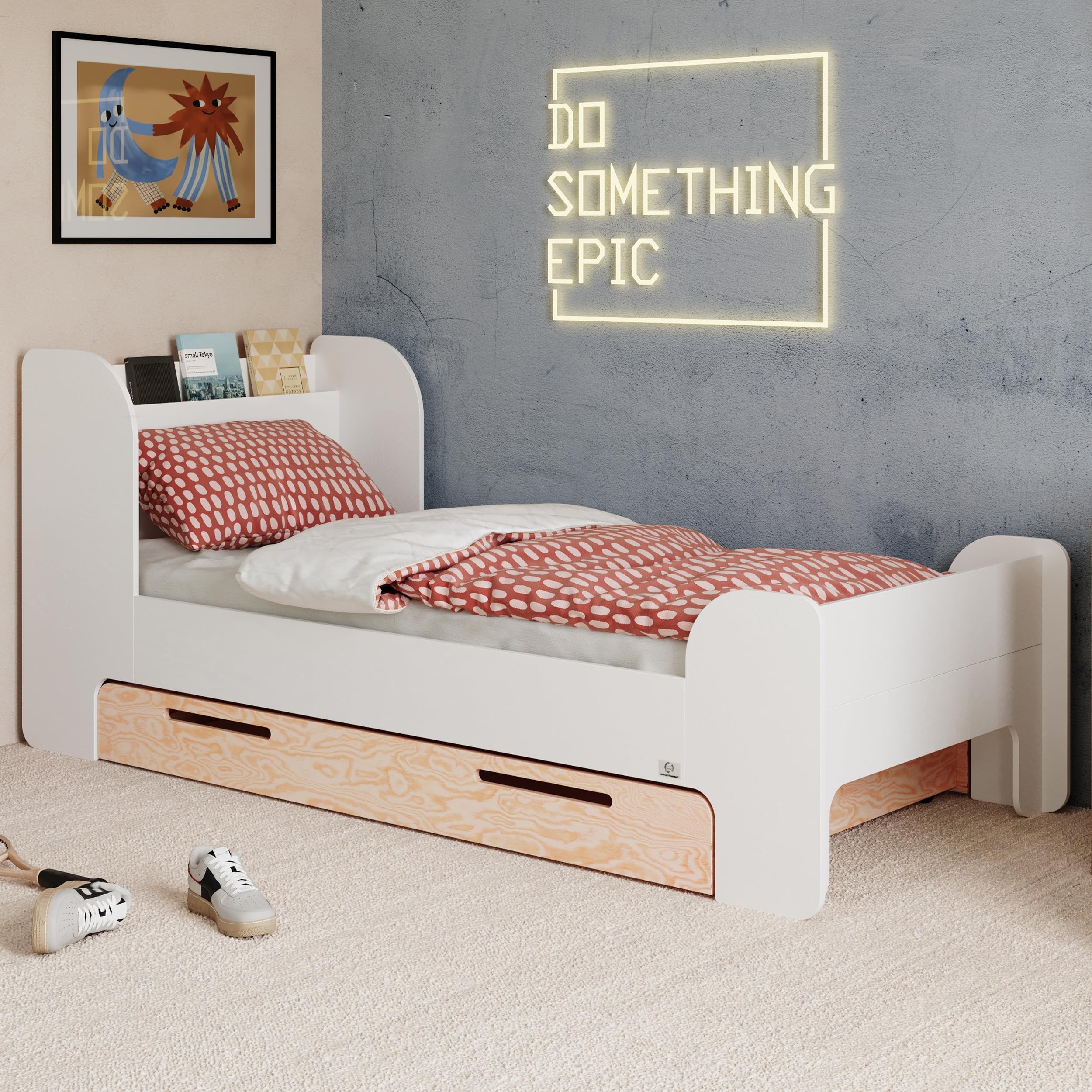 smartwood Letto Bambino 90x200 cm con Cassetto, in Legno, Bianco, Flou D | incl. Cassetto, Testiera con Ripiano, Rete fino a 230 kg, in Legno di Pino FSC, Letto per Ragazze & Ragazzi dai 3 anni