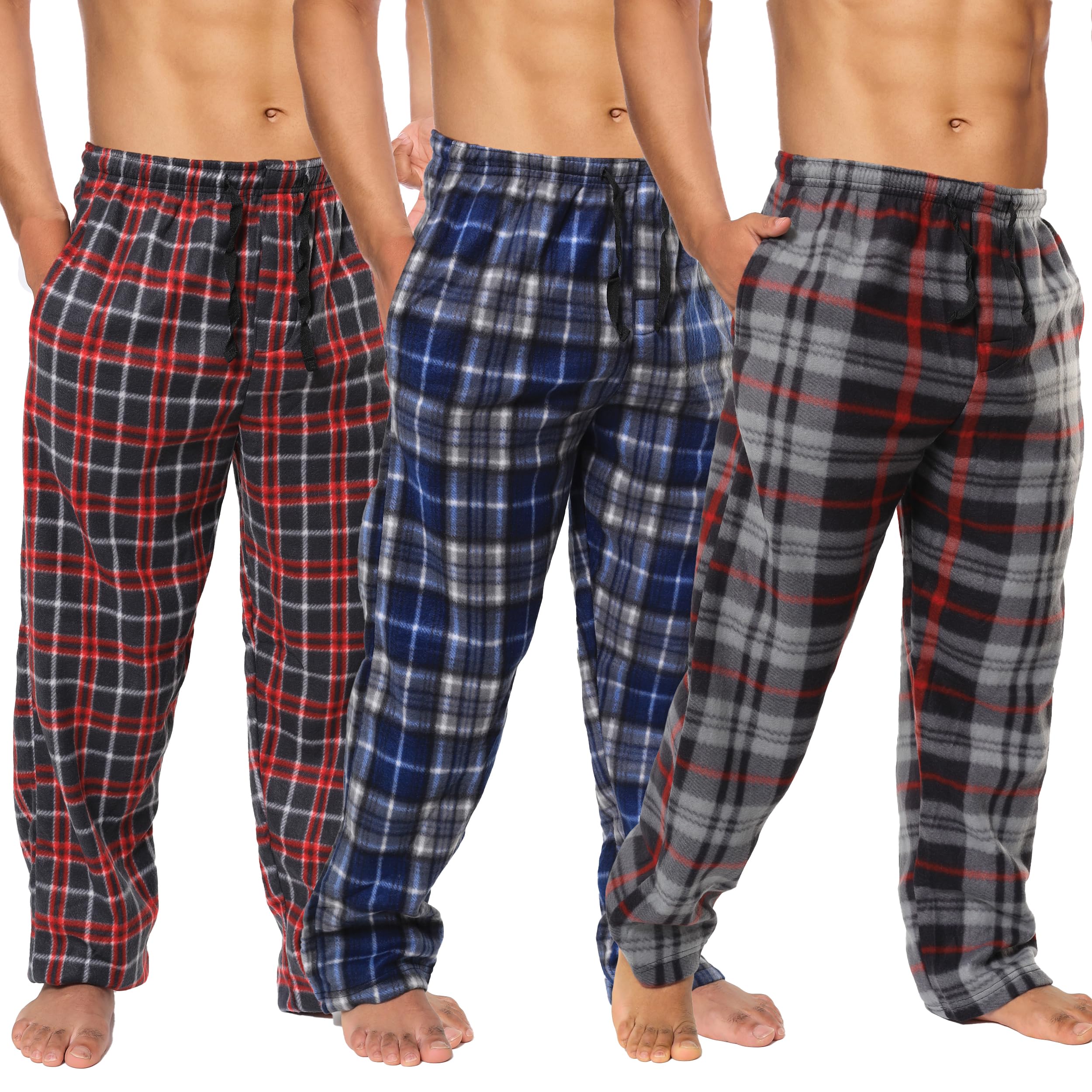 Active Club 3 Pack Plaid Fleece Men's Pajama Pants - Lounge Pants with Pockets - Winter Plaid 3-Pack