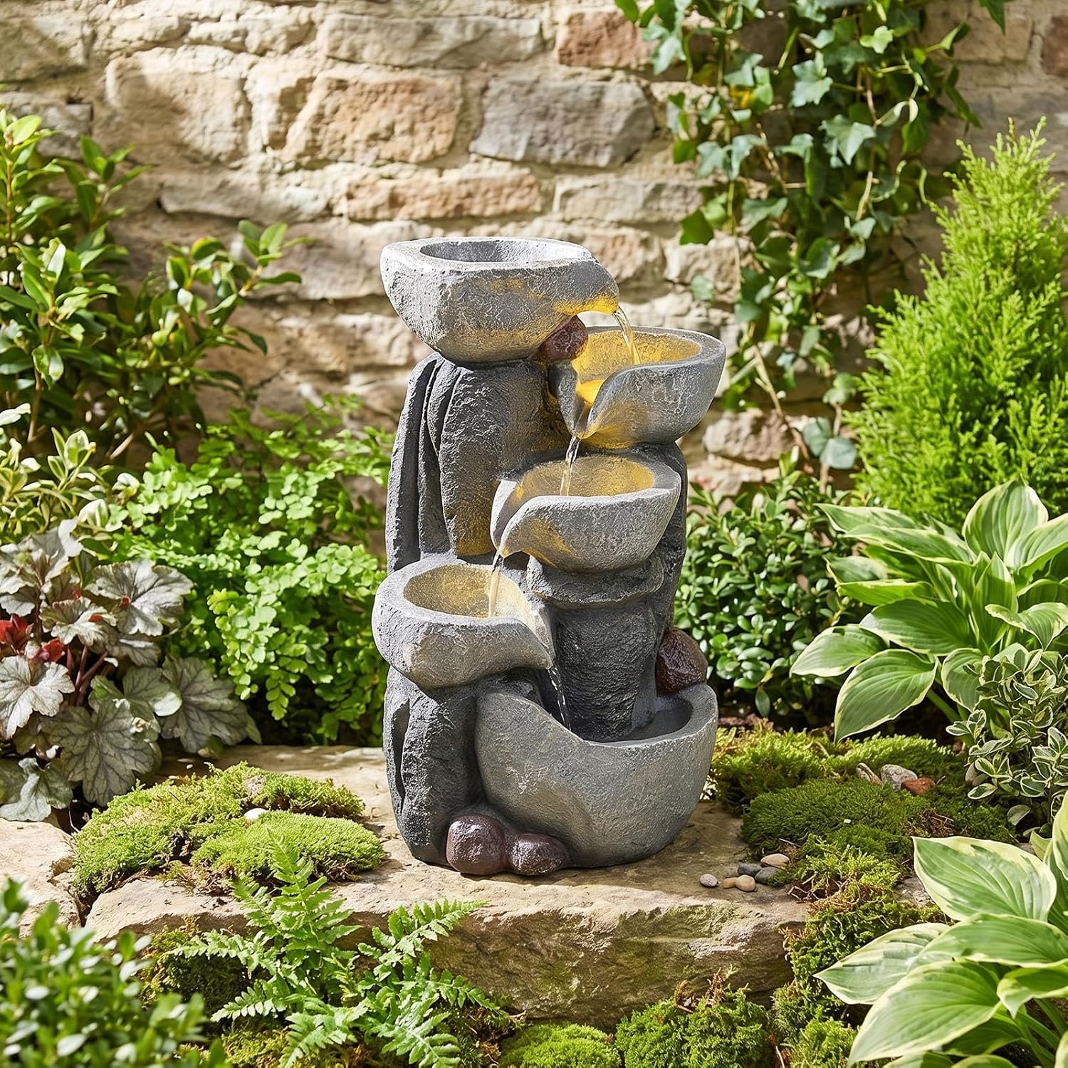 Giantex 5-Tier Outdoor Water Fountain with Lights, 17.5 Inch Cascading Bowls Tabletop Waterfall Fountain with Pump, Resin Garden Water Feature for Indoor Outdoor Patio, Yard, Porch Decor