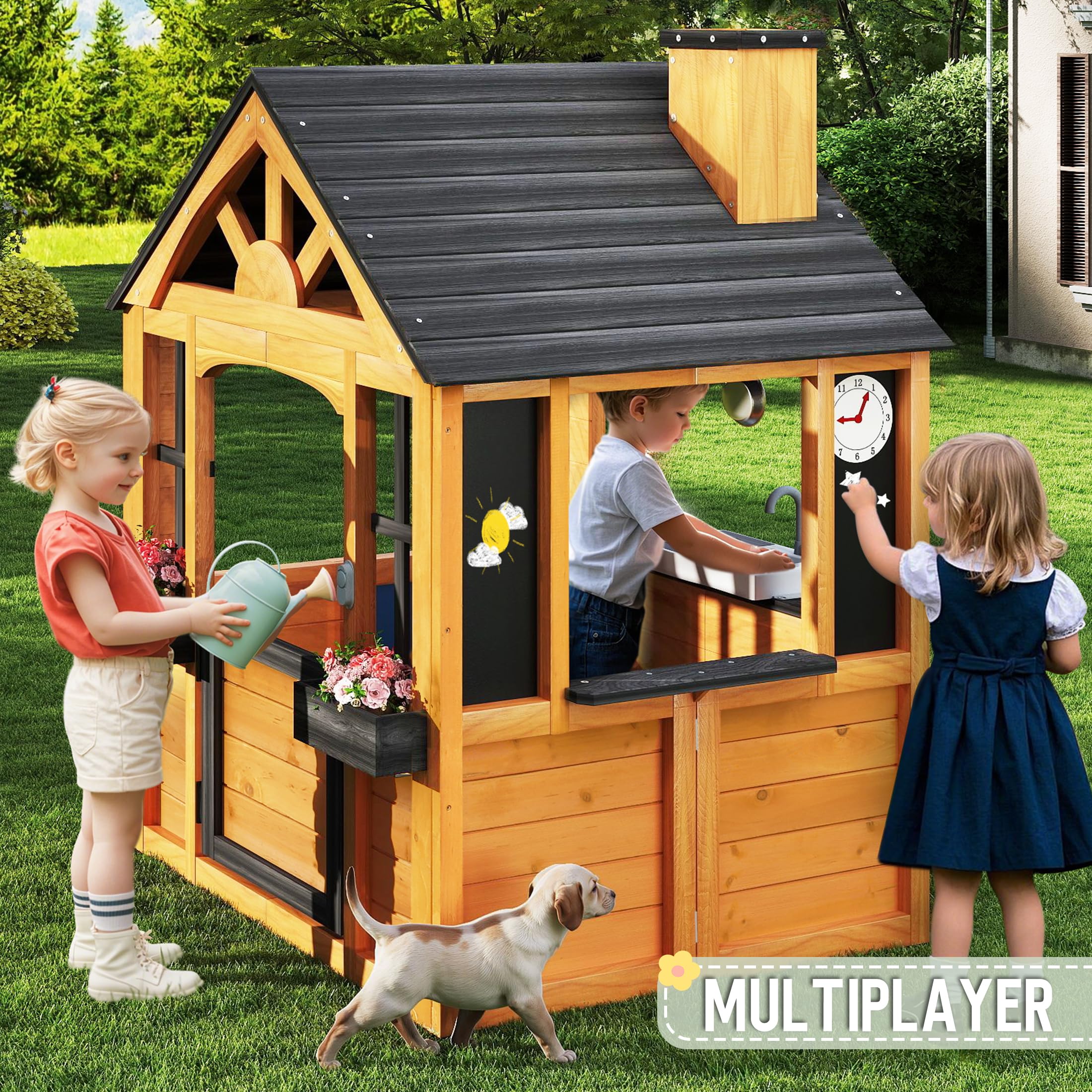 Jocoevol Kids Outdoor Playhouse, Cedar Wooden Kids Playhouse with Play Kitchen, Pet Door, Sink, Stove, Cookware, Windows, Flowerpot Holders, Ringing doorbell, Cottage Play House for Backyard