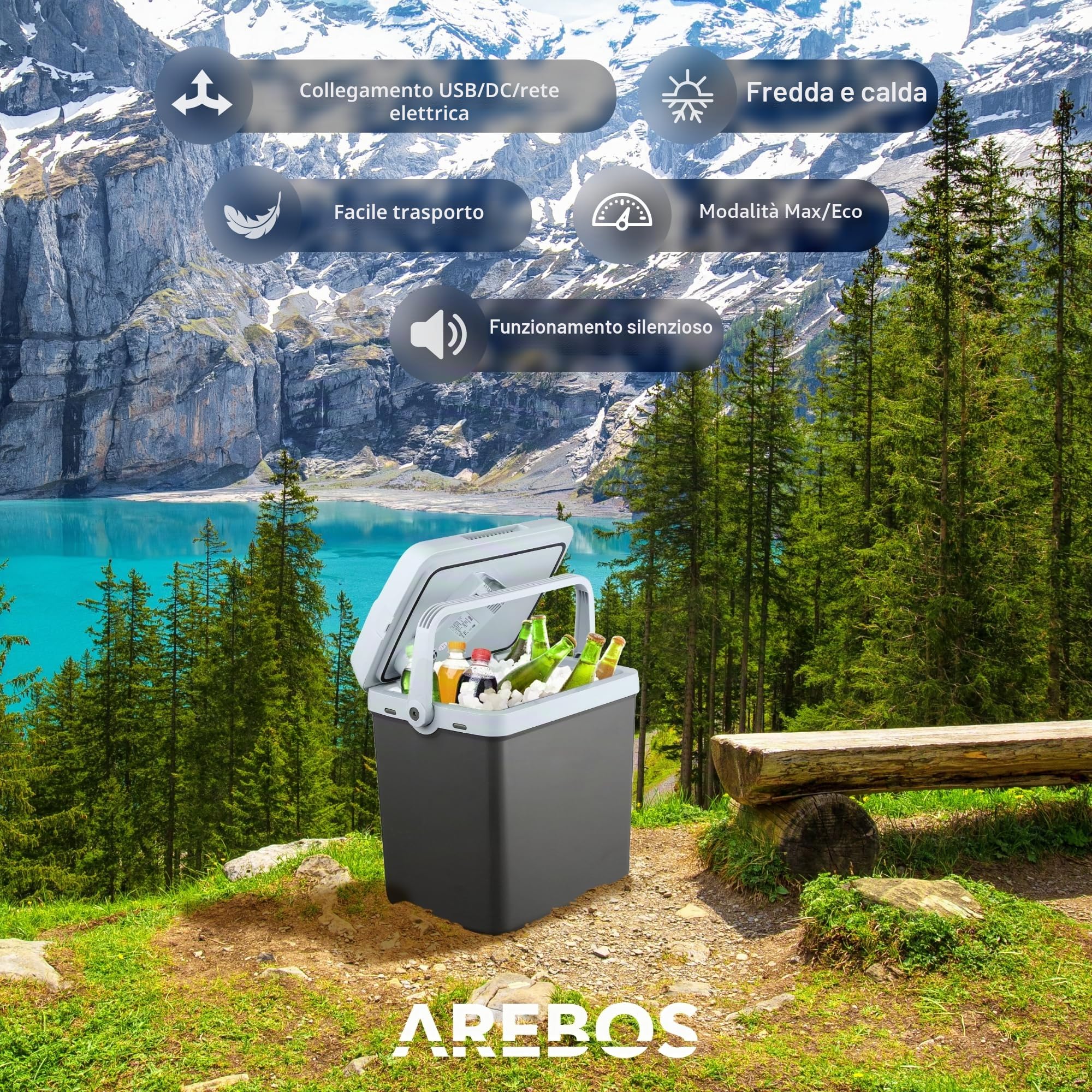AREBOS Contenitore refrigerante da 25 litri, per raffreddare e mantenere il caldo, mini frigo | termoelettrico | con modalità ECO | 12/230 V per auto e presa | frigo elettrico | Antracite