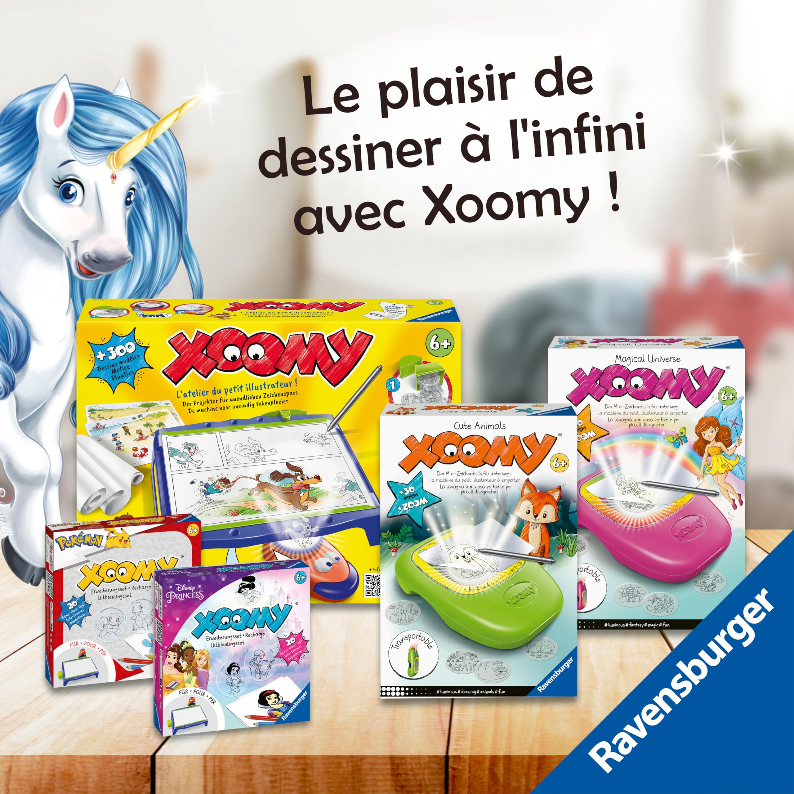 Ravensburger Xoomy Maxi – Table à Dessin pour Enfant avec projecteur LED – Apprendre à Dessiner – Rouleau de Papier 6,5 m – 300 modèles – Activité créative dès 6 Ans – Version française