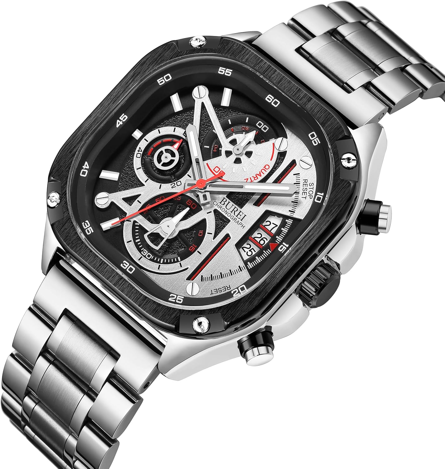 BUREI Men's Fashion Silver Watches Chronograph Multifunction Watch Stainless Steel Strap Waterproof Watch Casual Square Watch Analog Quartz Watches with Calendar for Business and Collection - Image 2