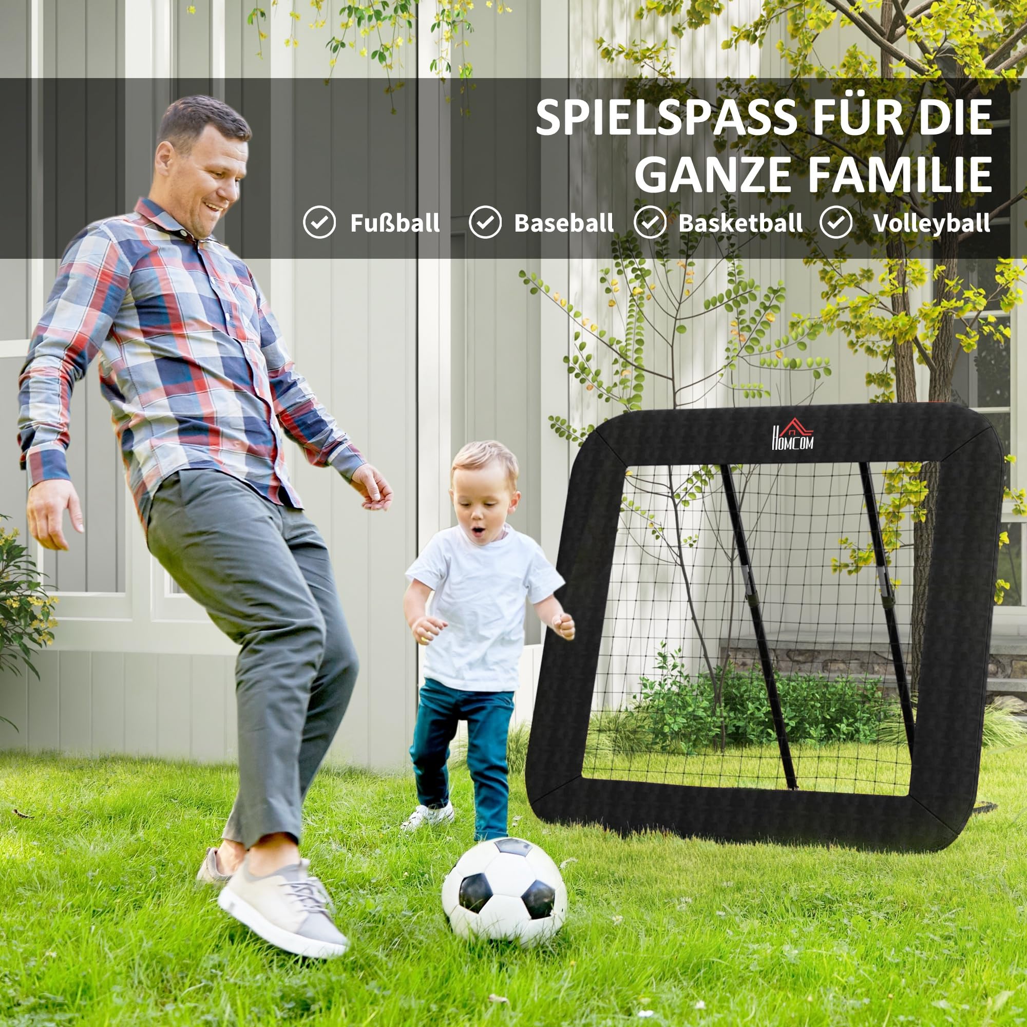 HOMCOM Rebounder do piłki nożnej, 128 x 118 cm, ściana odbijająca z ochronną krawędzią śledzi, regulowana na 5 poziomach, przenośne odbicie, bramka do piłki nożnej dla młodzieży, ściana odbicia do