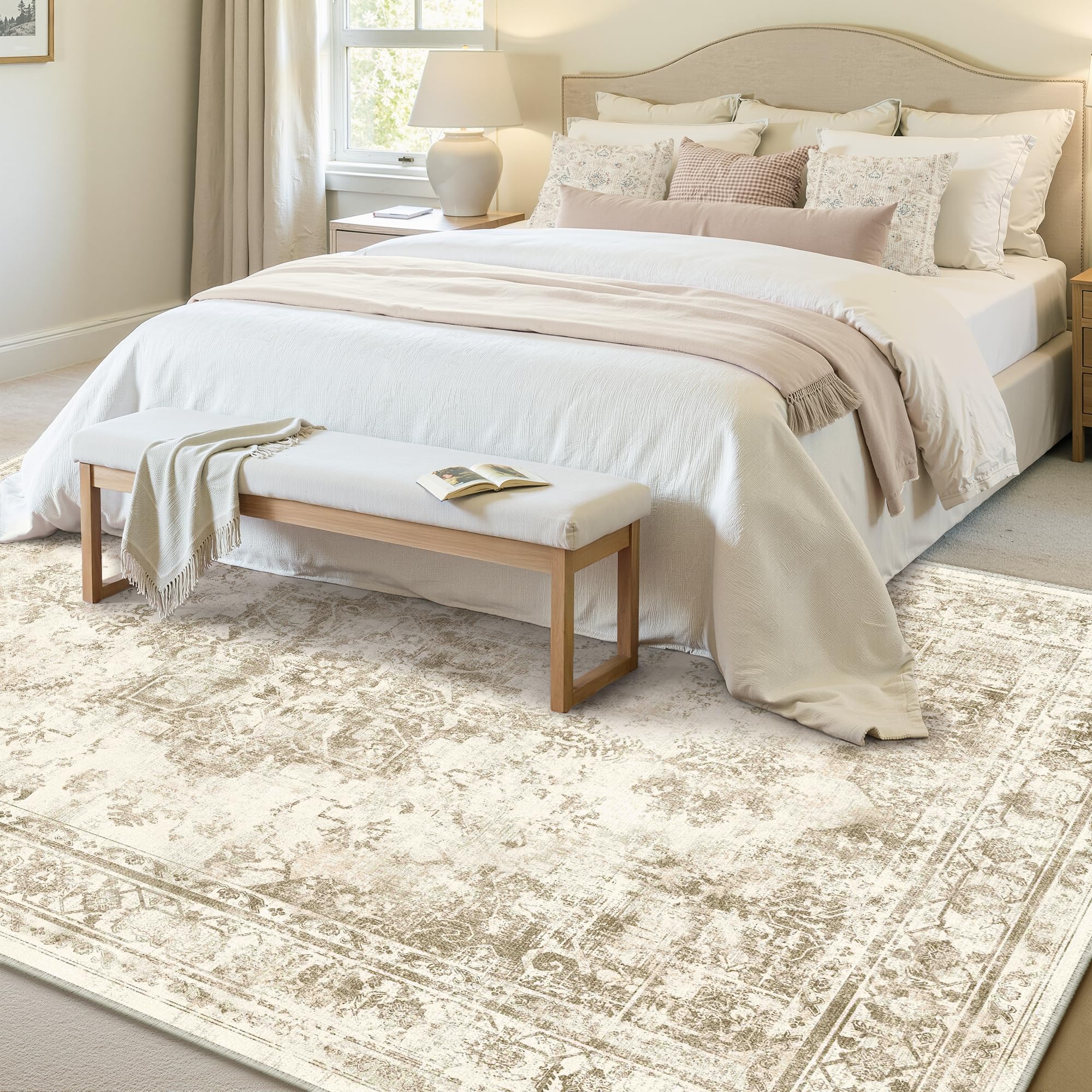 PureCozy Tappeto Salotto Moderno, Tappeti Camera Da Letto, 150x210 cm Tappeto Vintage Corridoio Antiscivolo Lavabile Pelo Corto per Cucina, Soggiorno, Ufficio, Interno,Beige