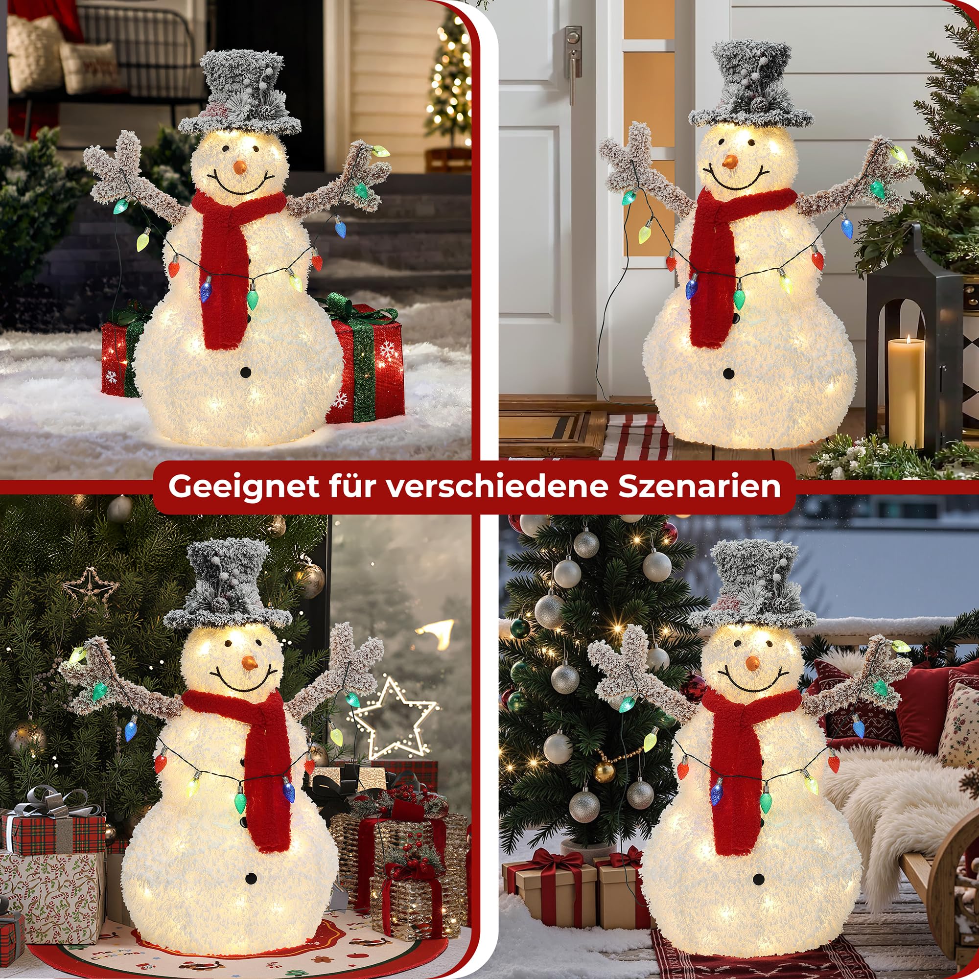 Hometopia LED Schneemann Deko mit Zylinderhut, Rotem Schal Leuchtende Weihnachtsfigur für Innen und Außen, Weihnachtsdeko