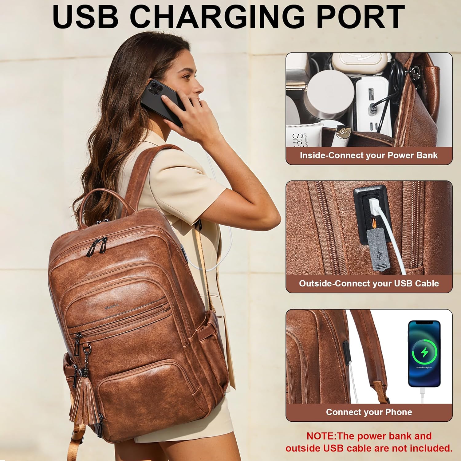 Shrrie 17 Inch Laptop Backpack for Women,Vegan Leather Backpack Purse,28L Work Business College Travel Computer Backpacks with Pouch Pocket for Large Capacity Cup & USB Charger,Caramel Brown - Image 4