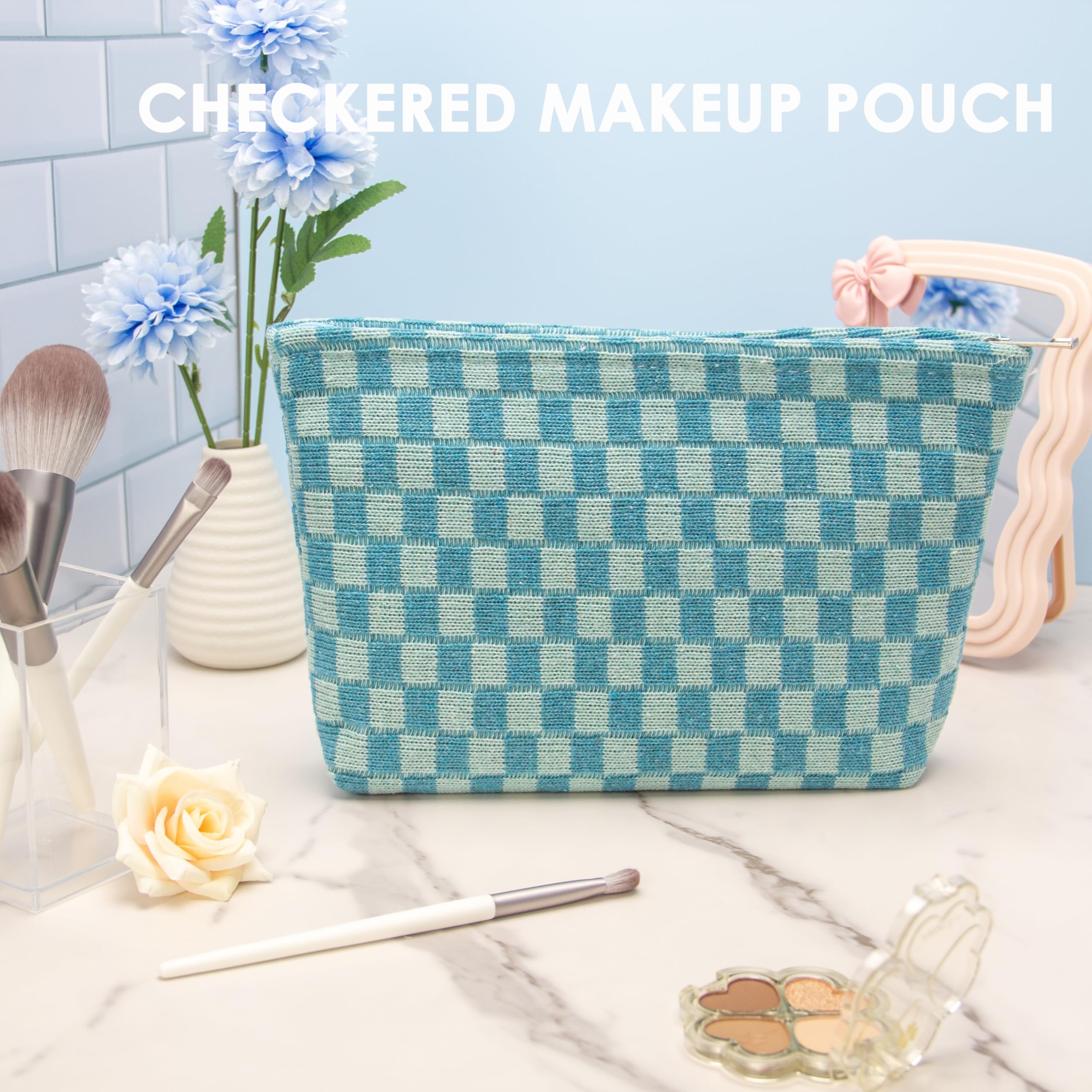 PAZIMIIK Karierte Make-up-Tasche für Geldbörse, tragbar, mit Reißverschluss, kleine Kosmetiktasche für Reisezubehör, B-lake blue