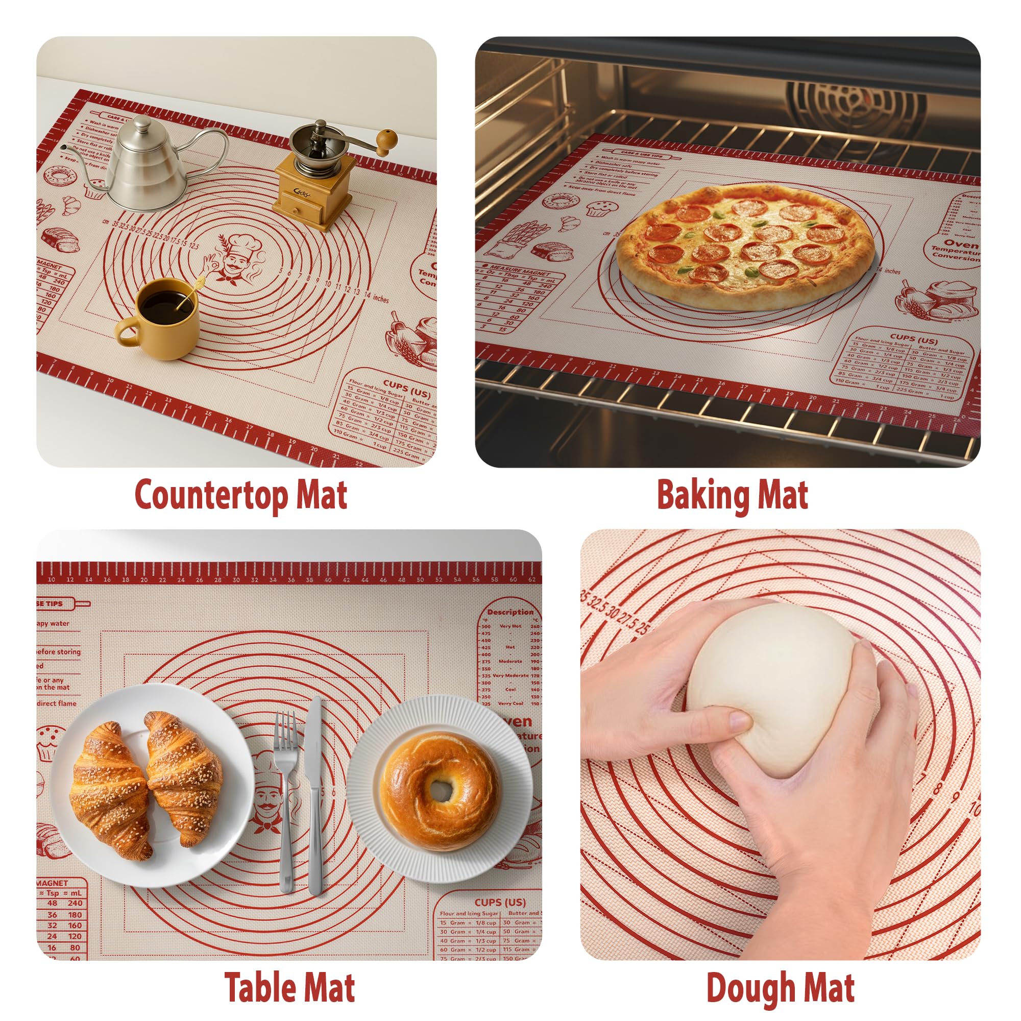 Silikon-Backmatte für Gebäck, Teig, rutschfeste Rollmatte mit Messanleitungen, dickes, wiederverwendbares Knetbrett für Brot, Pizza, Kekse, Fondant, Antihaft-Backblech für Küchentheke, 50,8 x 71,1 cm