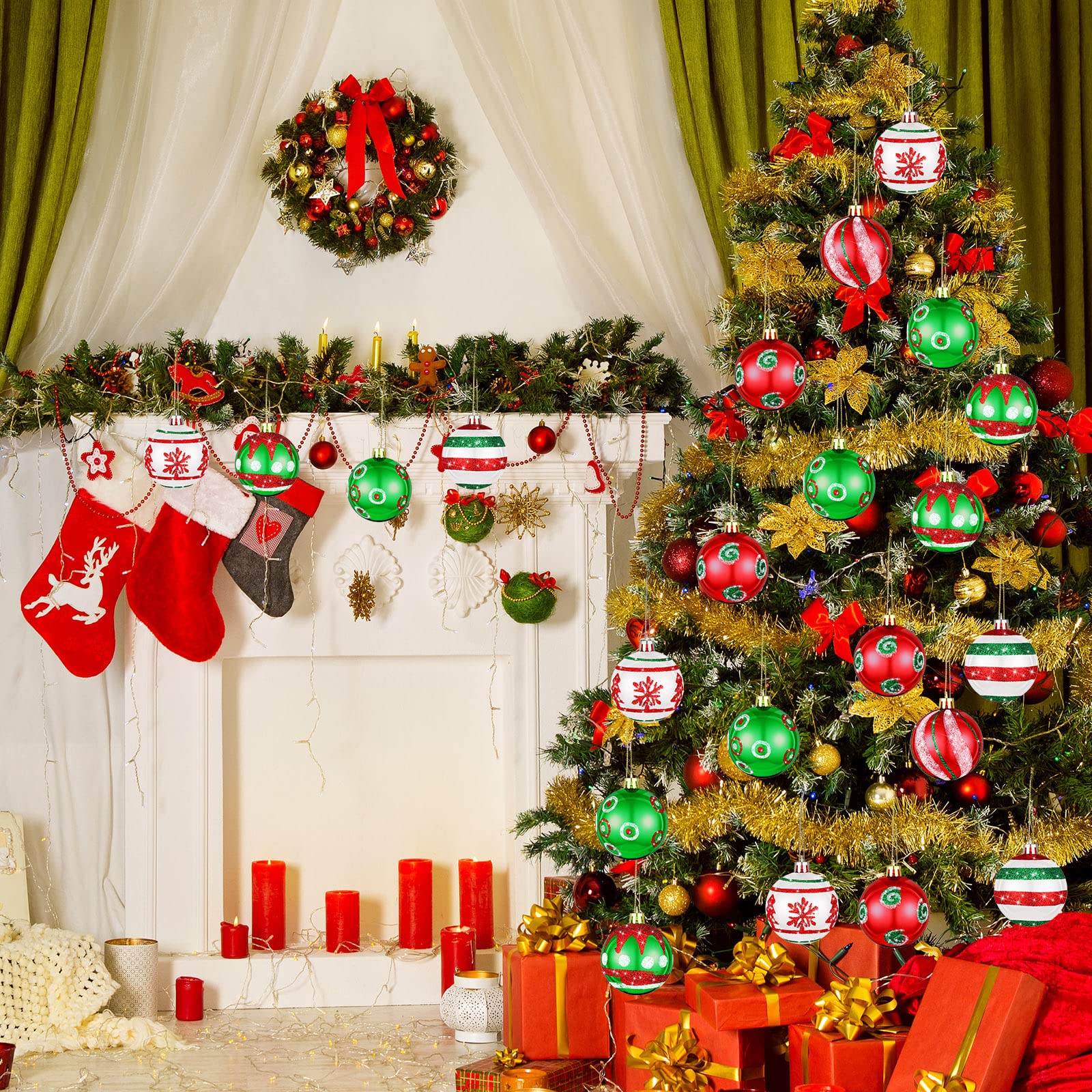 Lot de 30 boules de Noël à suspendre - Rouge, vert et blanc - 2.36 - Boules scintillantes pour sapin de Noël, fête, décoration d'intérieur (rouge, vert et blanc, mignonnes)