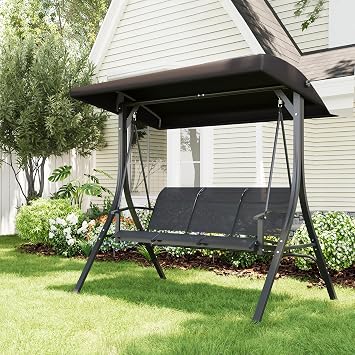3-Seat Porch Swing Chair, Outdoor Patio Hanging Swing with Adjustable Canopy & Armrests, Breathable Textilene Fabric Seat & Backrest, Swing Bench for Poolside, Garden, Backyard