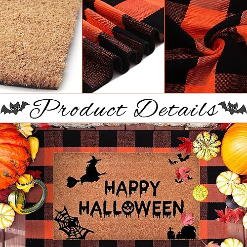 Miniatura 4 de Juego combinado de felpudos de decoración de Halloween, 100% fibra de coco + alfombra a cuadros naranja y negra de 3 x 5 pies, alfombra de Halloween