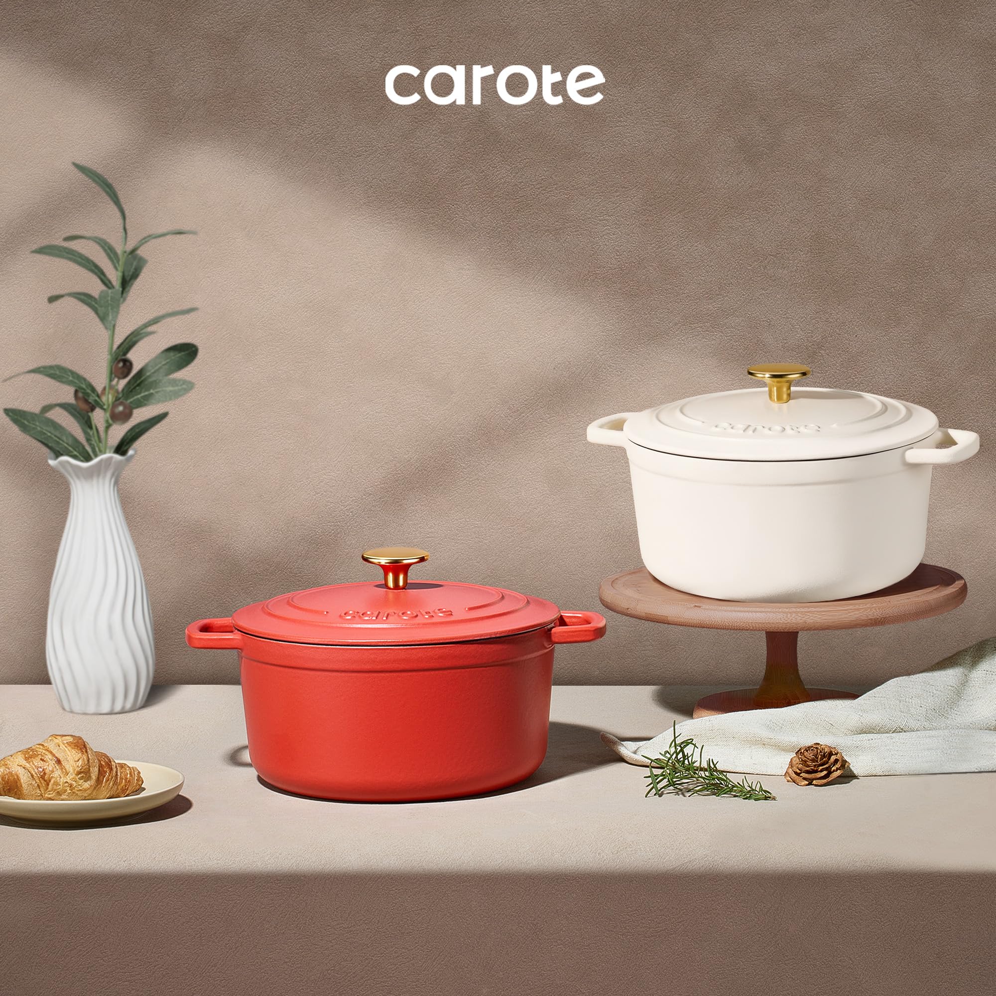 CAROTE Schmortopf aus emailliertem Gusseisen mit Deckel, 4 QT Dutch Ovens, robuster Gusseisentopf zum Backen, Schmoren, Eintöpfen, Braten, gesund und ungiftig, Doppelgriffe, alle Herdplatten