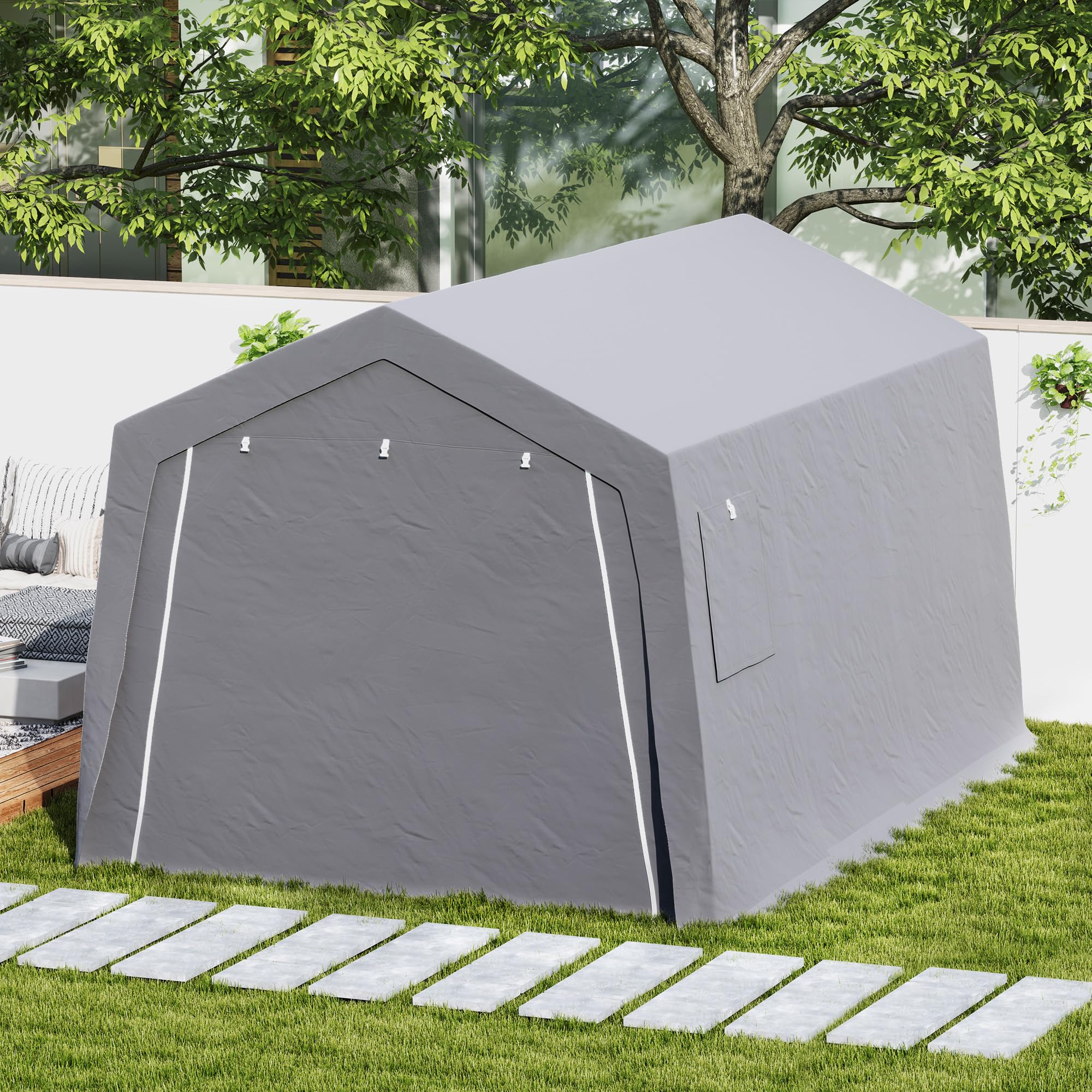 Outsunny Abri de Jardin Abri Vélo Extérieur 3 x 4,5 x 2,5 m Gris Clair | Porte Enroulable Zippée, Fenêtres Ventilées, Tente de Stockage Étanche Anti-UV, pour Moto, Outils de Jardin