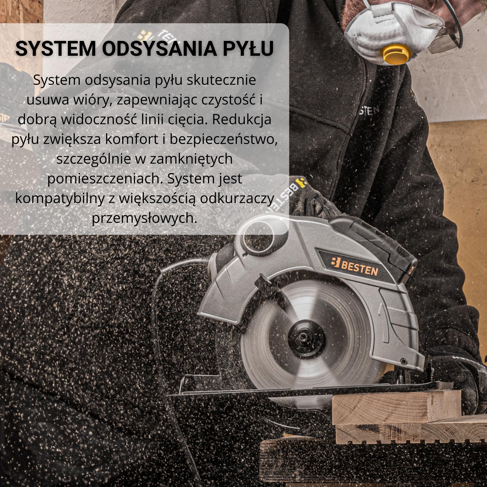 Piła tarczowa ręczna 2000W 185 mm do drewna, laser, 3 tarcze 24T 40T 60T, cięcie 65 mm, regulacja 0–45°, odsysanie pyłu BESTEN