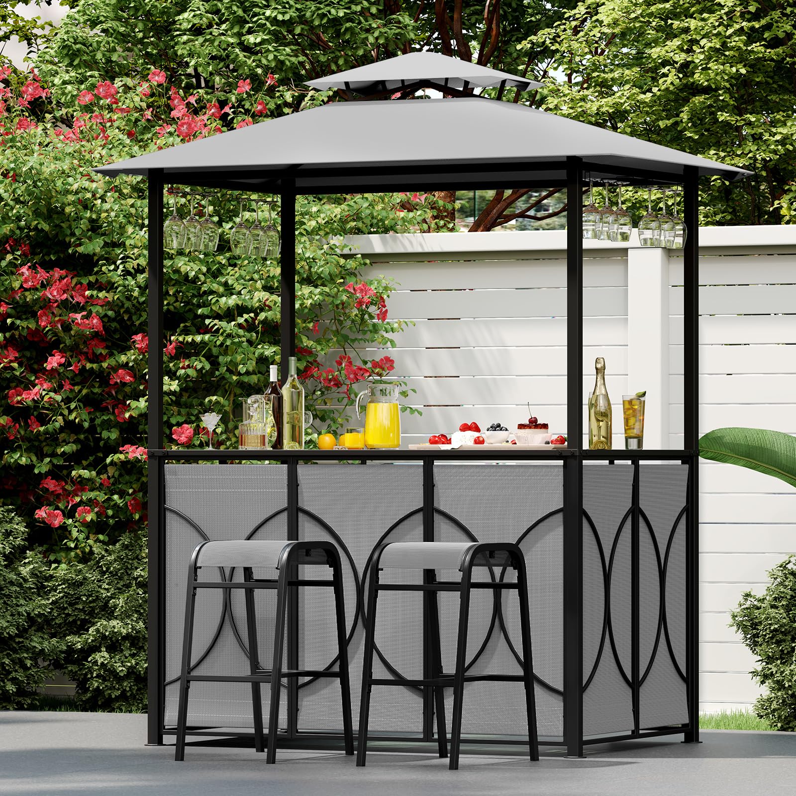 COSTWAY Tonnelle de Barbecue 3 Pcs avec 2 Tabourets de Bar, Abri avec Plateau en Verre Trempé Étagères en Métal Auvent à Double Toit, pour Jardin Cour, 194 x 121 x 242 cm (Gris)