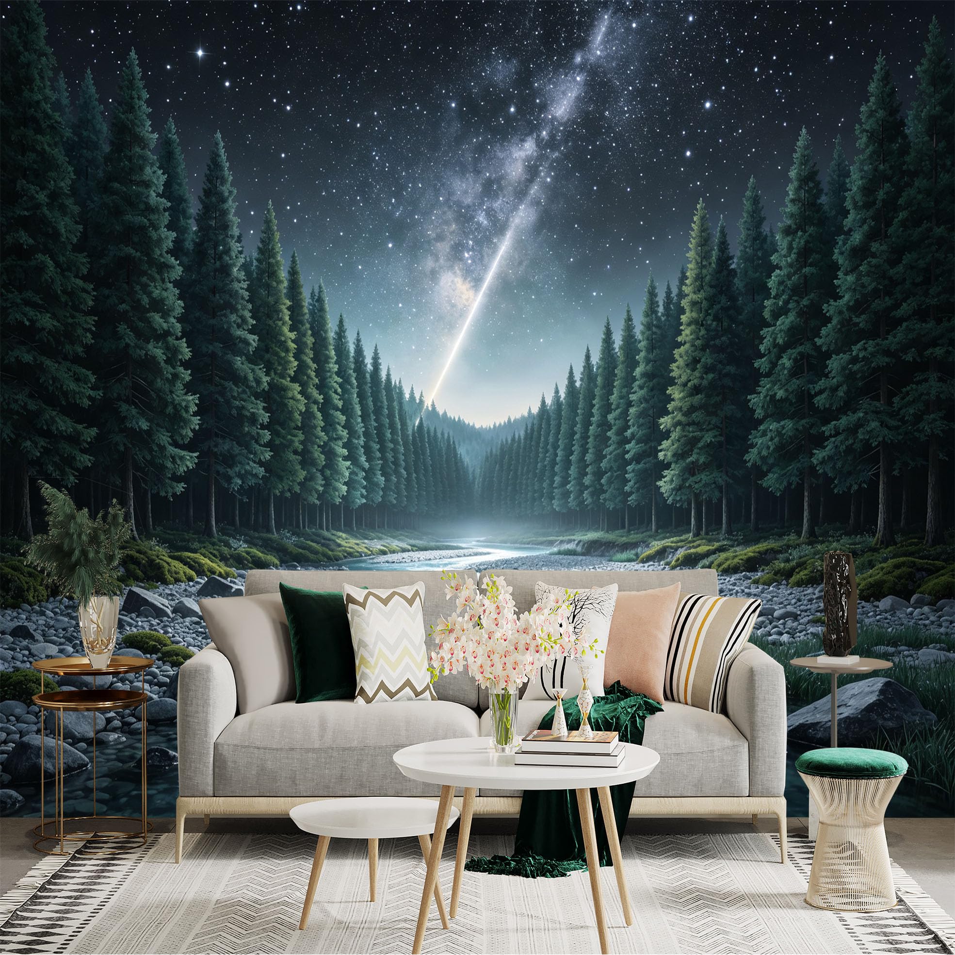 Lnzczhyre Bh260719441 Custom Size Wall Sticker Mural， Milky Way Over Coniferous Forest， Sparkling River At Night， Nature Landscape， For Wall Decoration， Peelandstick Wall Decals.