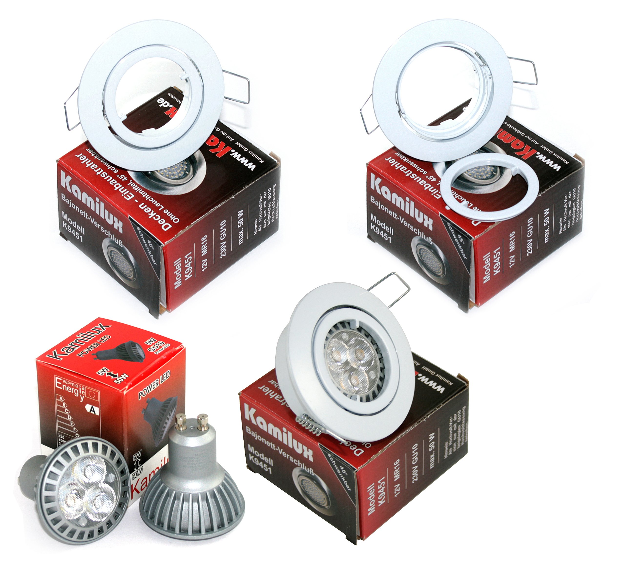 6er Set Power LED Einbauleuchte Bajo 230V GU10 weiss + Power LED 5 Watt in tageslichtweiss