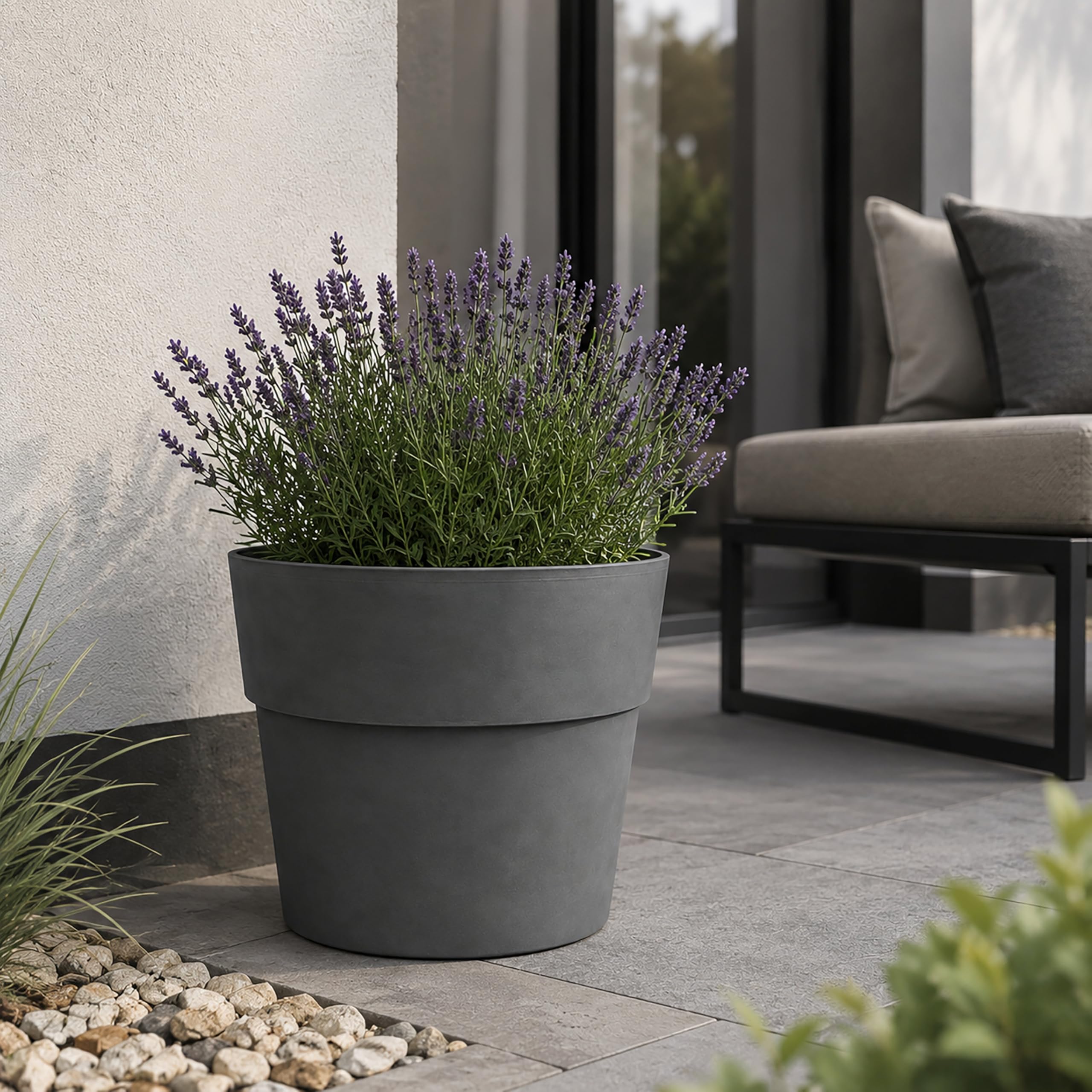 Zedelmaier 2er-Set Blumentöpfe Outdoor, wetterfest, 34,5 cm, Steingrau | Dickwandige Übertöpfe, stabil & standfest, matte Betonoptik, Blumentopf außen für Balkon, Terrasse, Garten & Hauseingang