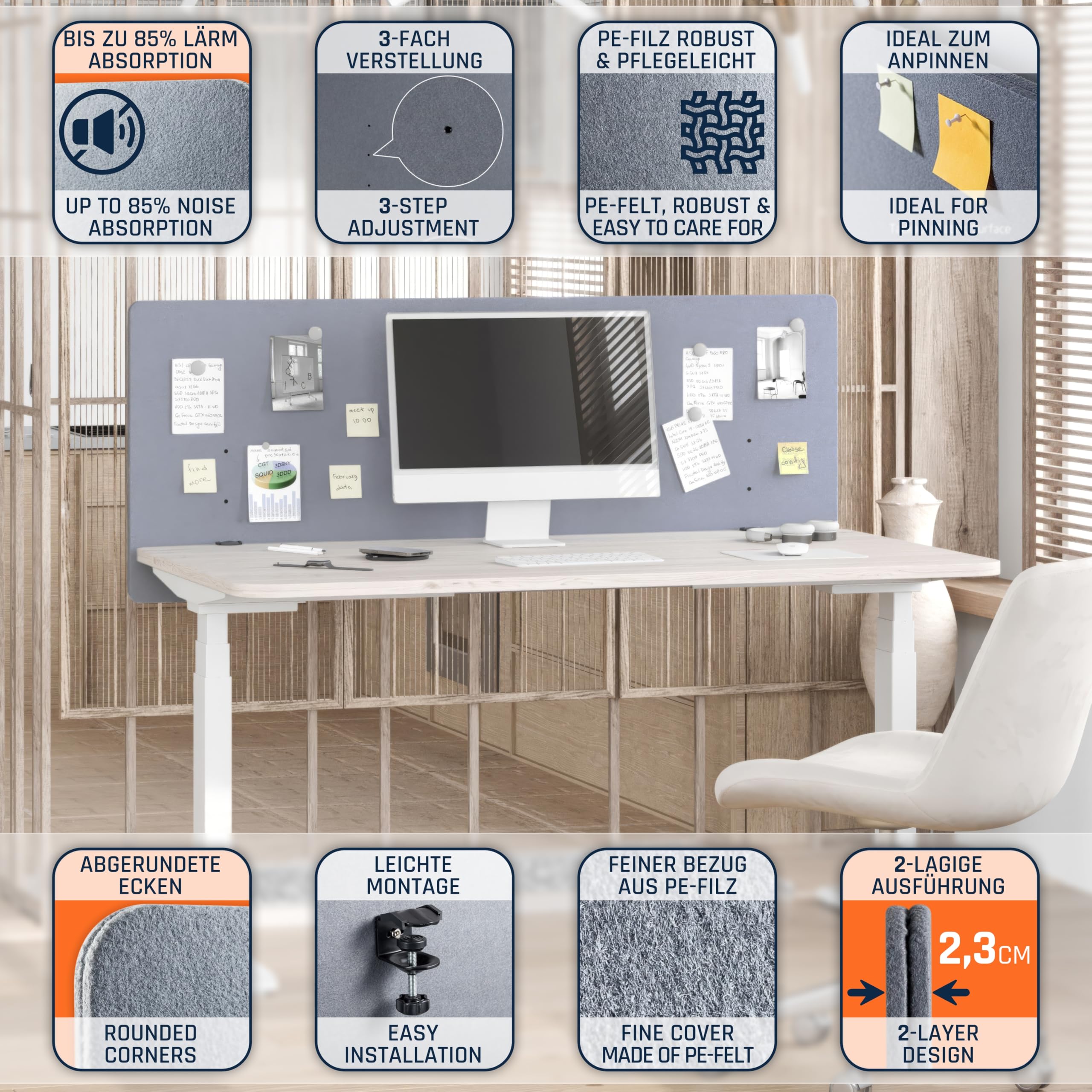 RICOO Akustik Trennwand Schreibtisch 150 x 60 x 2 cm Sichtschutz Filz Grau Schallschutz Büro ZAP1560-G Tischtrennwand Home Office Pinnwand