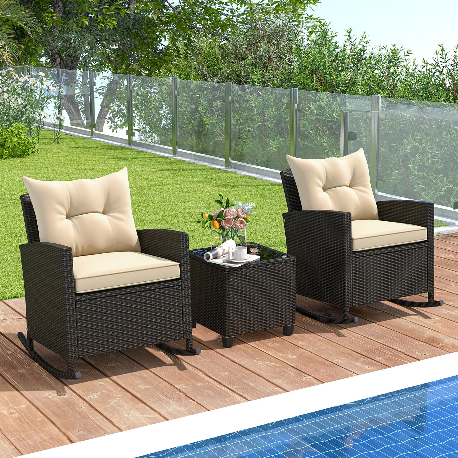 ORALNER 3 Pieces Patio Furniture Set, Outdoor Wicker Rocking Chairs with Soft Cushions, Glass Coffee Table, Rattan Conversation Bistro Set for Front