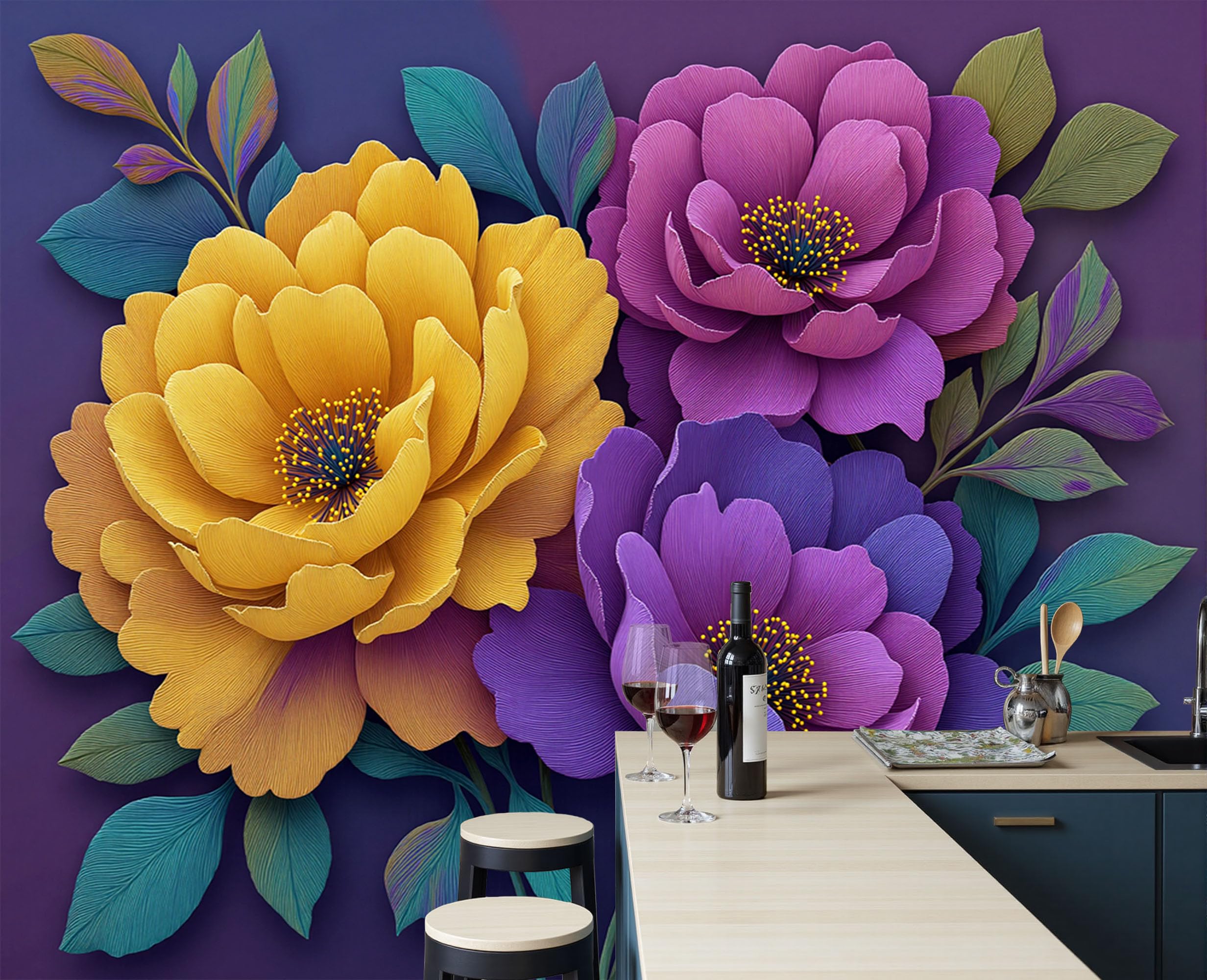 Papier Peint Soie Salon : Fresque Panoramique Fleurs Violettes 3D