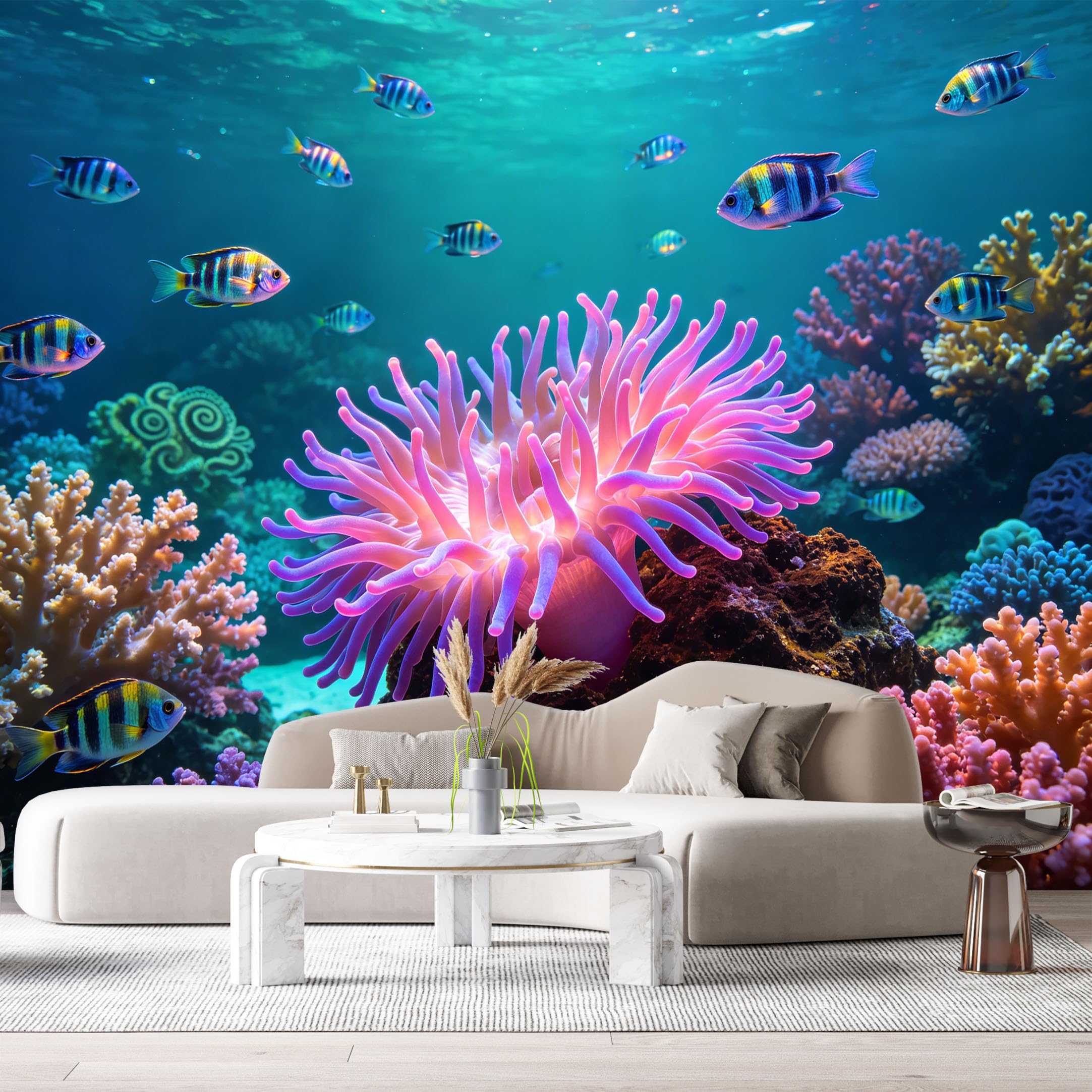 Custom Size Wall Murals Ocean Marine Tropical Fish Pink Anemone Coral Reef 3D SelfAdhesiveWall Fabric Removable Wallpaper Wall Decor for Living Room Bedroom Bathroom