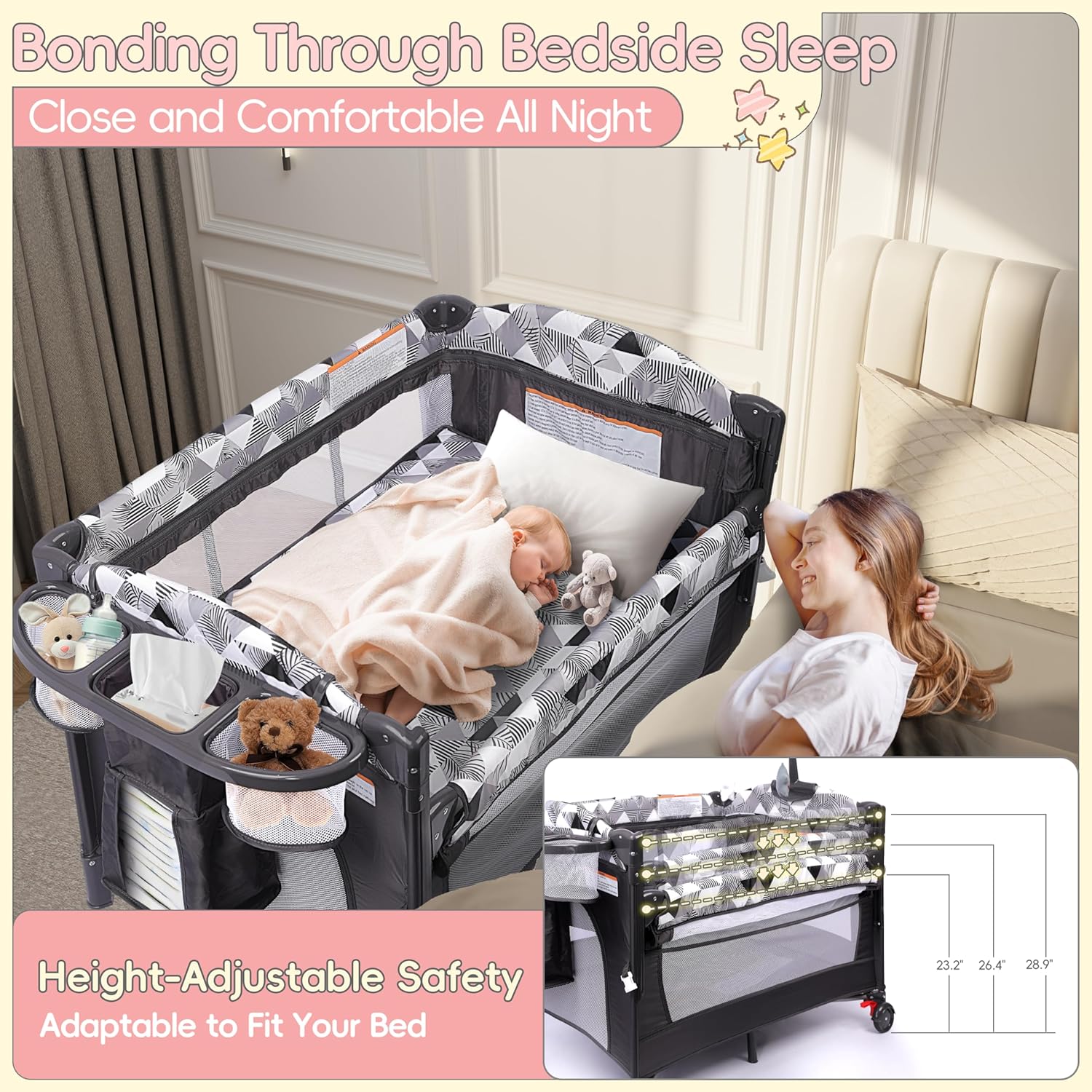 Xilingol 5-in-1 Baby Bassinet Bedside Sleeper, Portable Pack and Play with Changing Table, Baby Crib with Carry Bag, Cosleeper Attach to Bed for Newborn to Toddlers