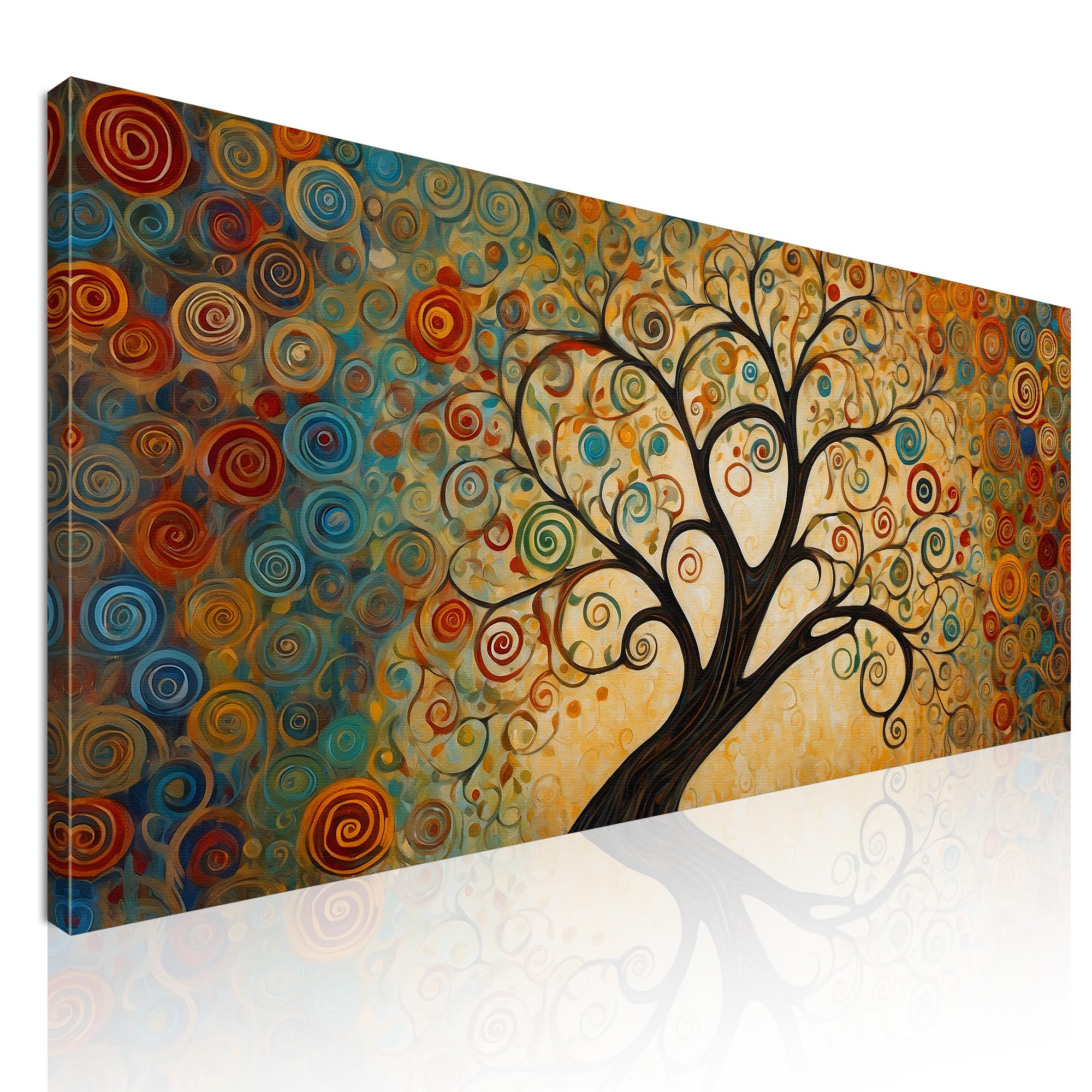CheQuadro! Quadro moderno soggiorno, orizzontale lungo, Albero della Vita con Spirali Colorate e Sfondo Dorato, su tela, intelaiato pronto da appendere bow3-90x40 cm