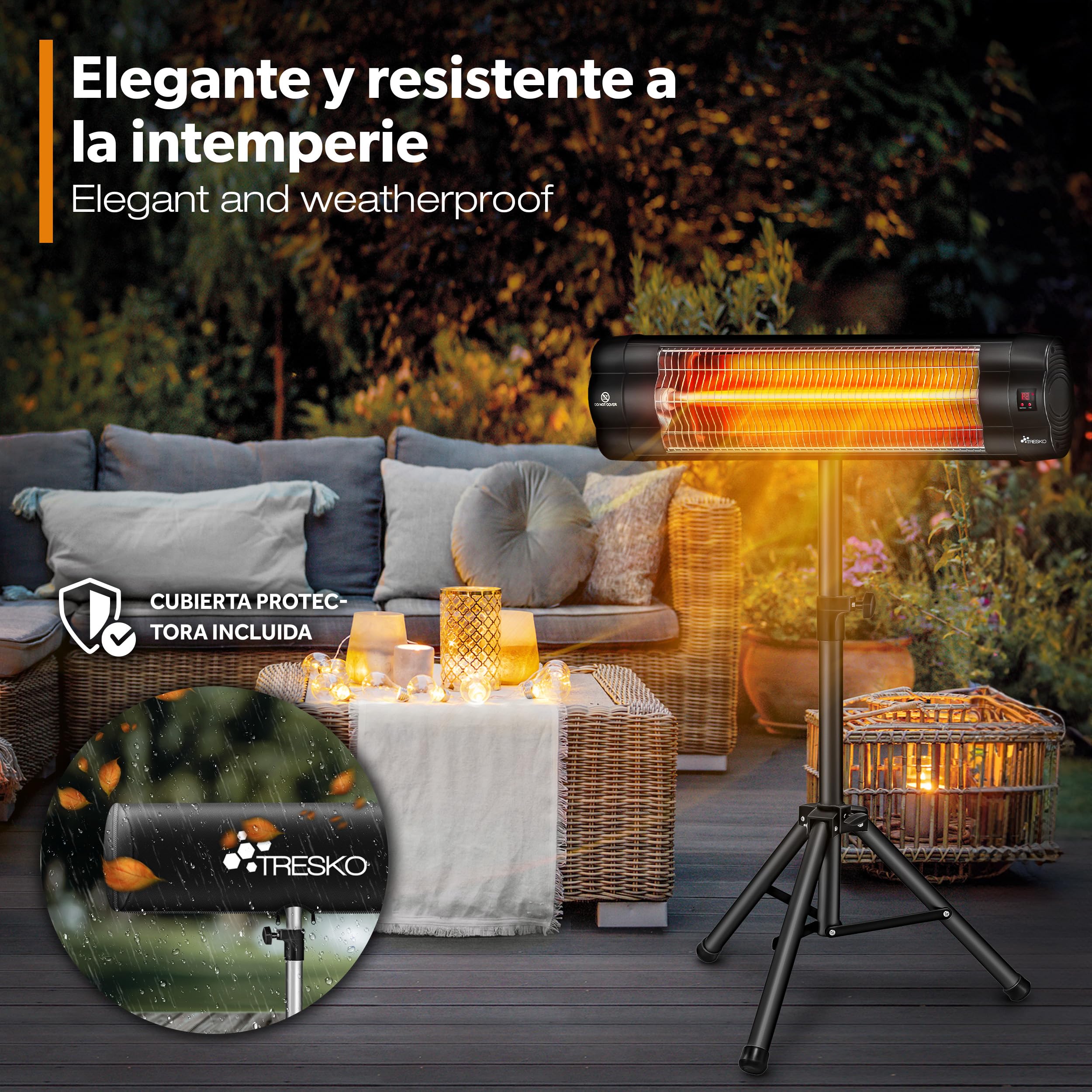 TRESKO Calefactor por Infrarrojos para Terraza | 2500W + Control Remoto | Estufa Radiante con 3 Temperaturas | Radiador Eléctrico para Exterior e Interior | Calentador con Altura Regulable (Negro)