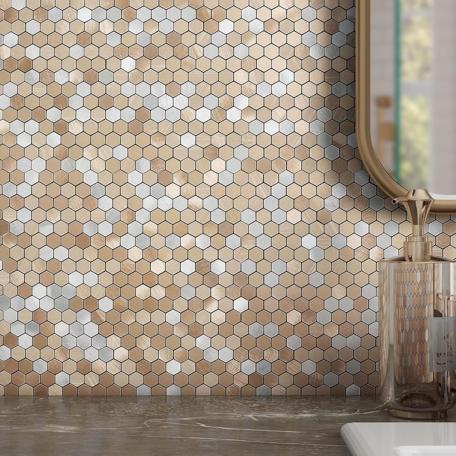 Peel and Stick Backsplash Penny Hexagon Tile,Metal Mosaic Self Adhesive Wall Tile Stickers(Brown,10 Sheets)