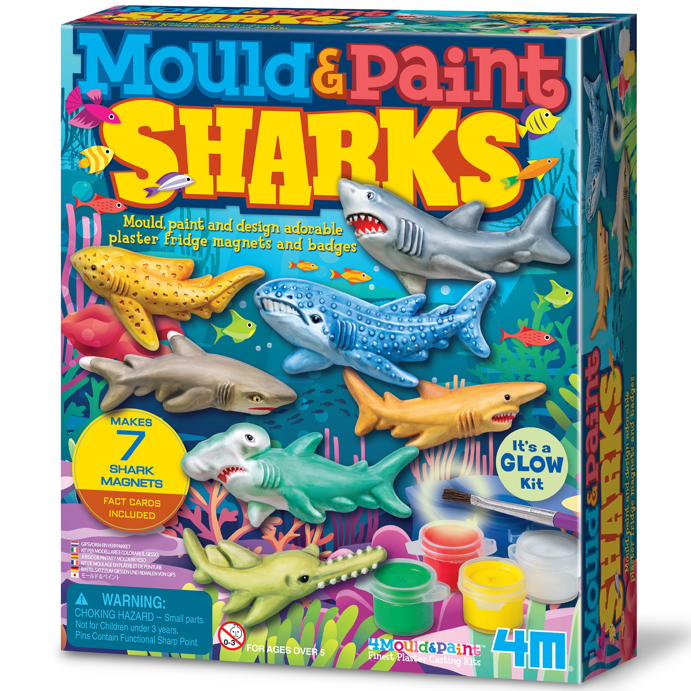 4M Mould & Paint Sharks Kit – DIY Plaster Shark Magnets & Badges for Kids Ages 5+ | Cast and Paint 7 Shark Figures with Multicolored Paints, Magnets & Pins | Educational & Fun STEM Craft