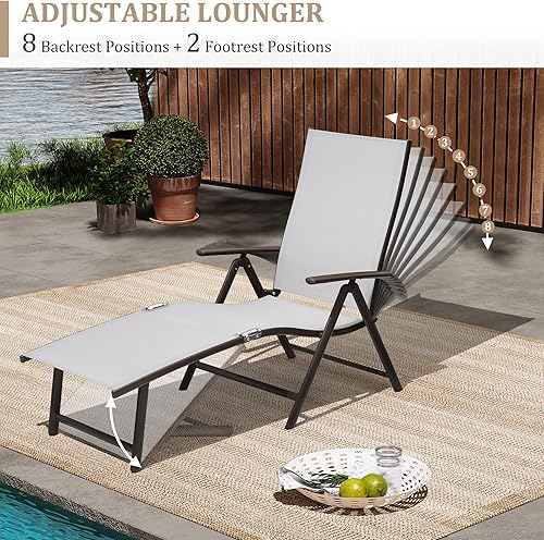 Miniatura 4 de Juego de 3 piezas de tumbona y mesa auxiliar, silla de salón para exteriores con mesa auxiliar reclinable con respaldo ajustable de 8 posiciones y