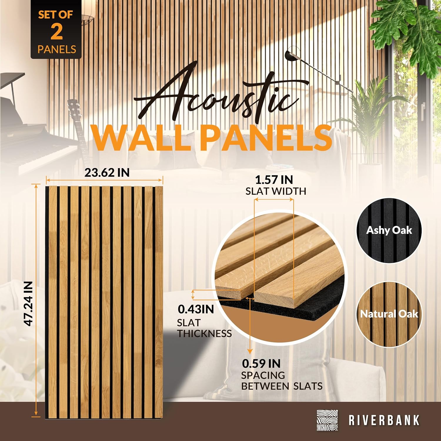 Riverbank Natural Oak Wooden Slat Wall Panels, Made of Solid Wood, 2 Pcs in Size 47.24"x 23.62", Enhanced Acoustic & Sound Absorbing Design for Home & Office, Sustainable Recycled Felt (Natural Oak)
